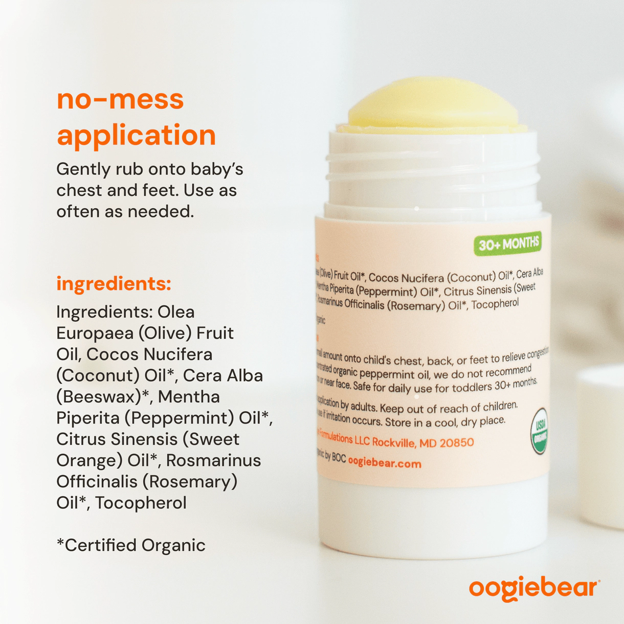 oogiebear Organic Chest Rub Balm 1 oz - Peppermint Rosemary, USDA Organic