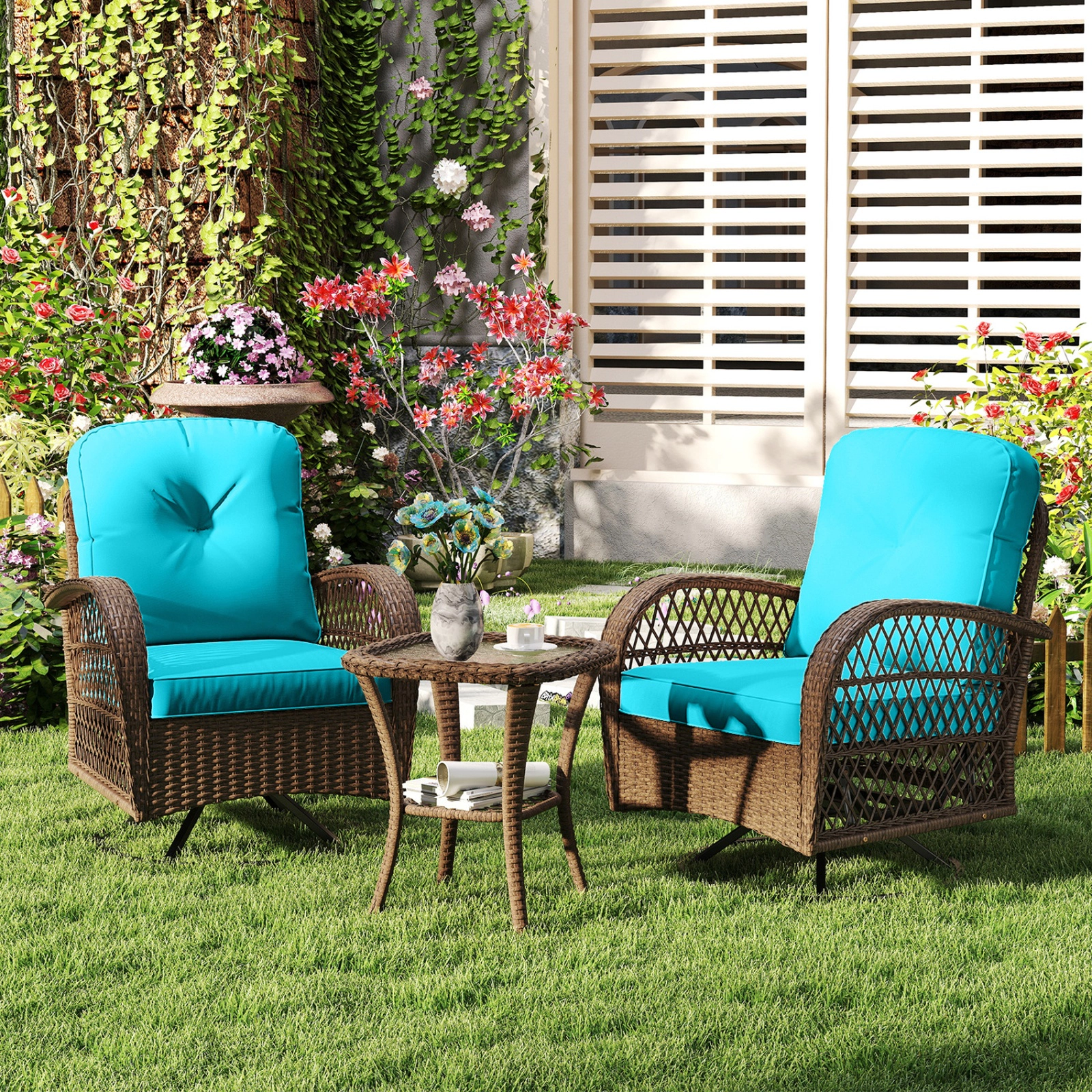 SUGIFT 3-Piece Turquoise PE Rattan Swivel Rocker Chair Set with Tempered Glass Table, 400 lb Capacity