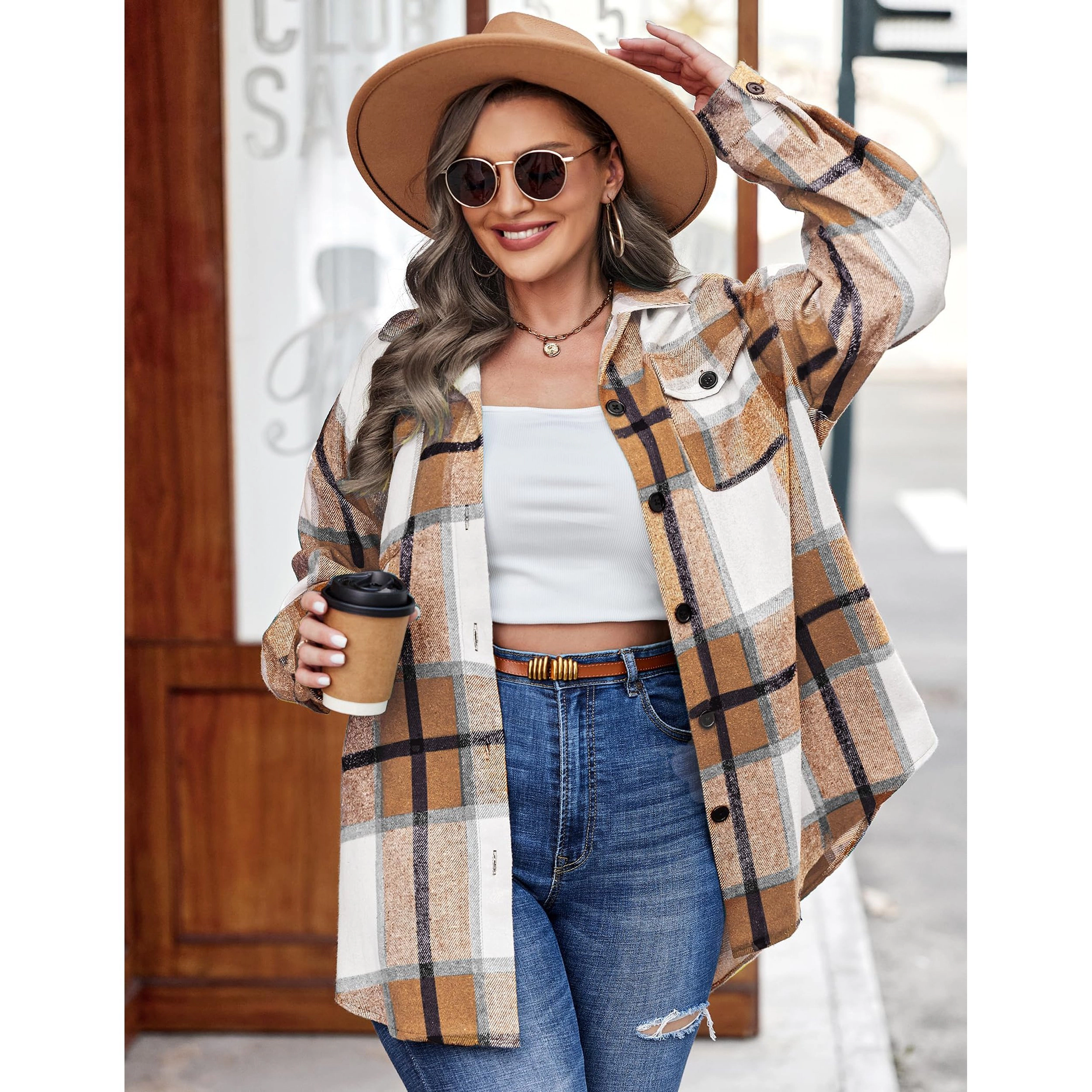 Zeagoo Women's Plus Flannel Plaid Shacket Lapel Button Down Jacket