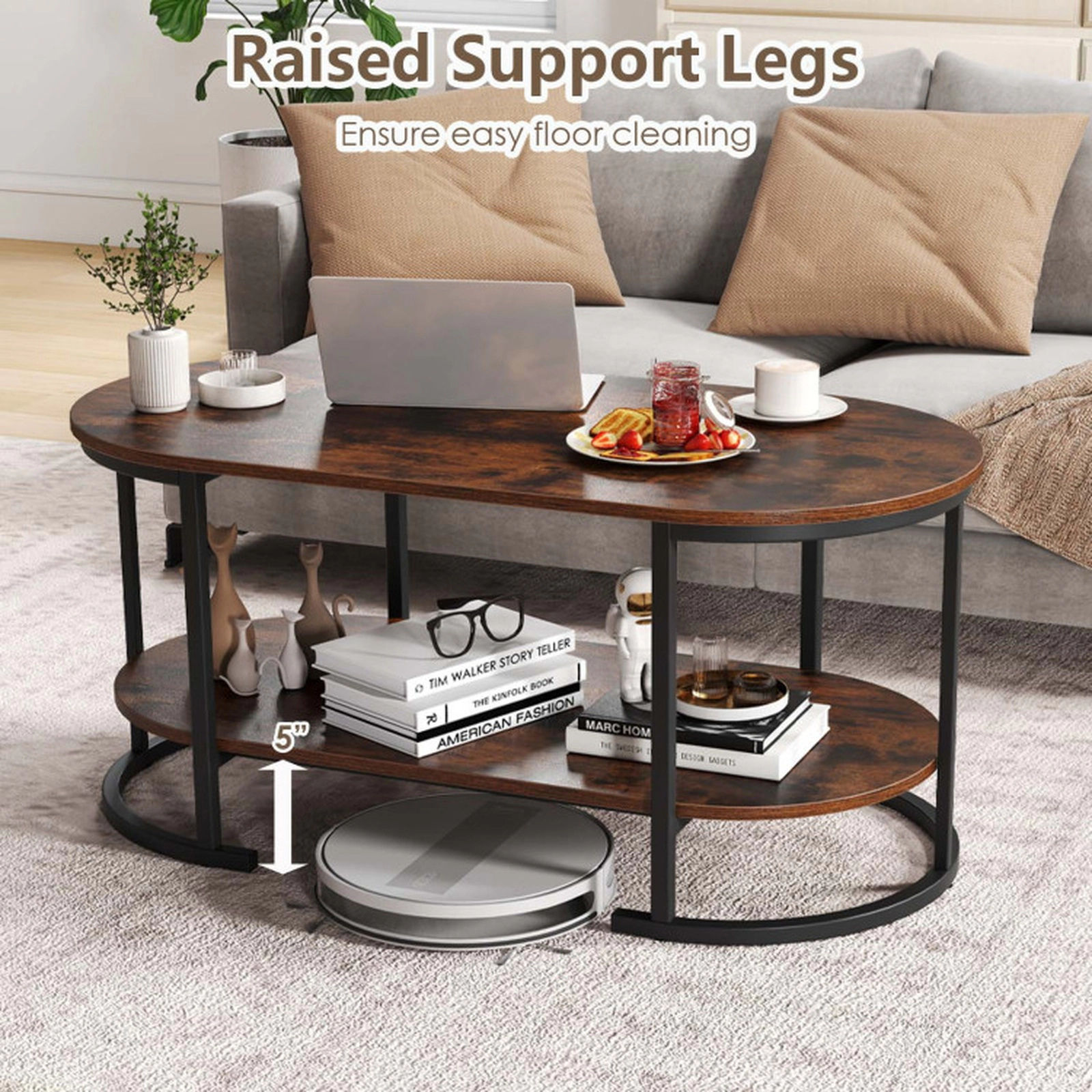 SUGIFT 2-Tier Oval Wood Grain Metal Frame Coffee Table 39.5-in x 19.5-in x 18-in 88-lb per Shelf Rustic Brown
