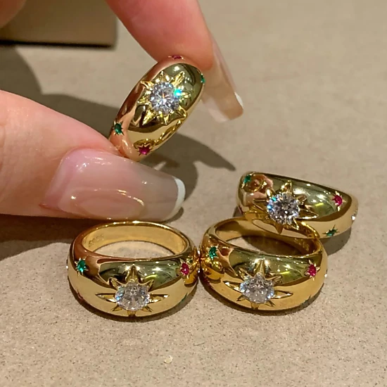 Wardrobe Whimsy Vintage Star Multicolor Cubic Zirconia Gold Tone Dome Ring