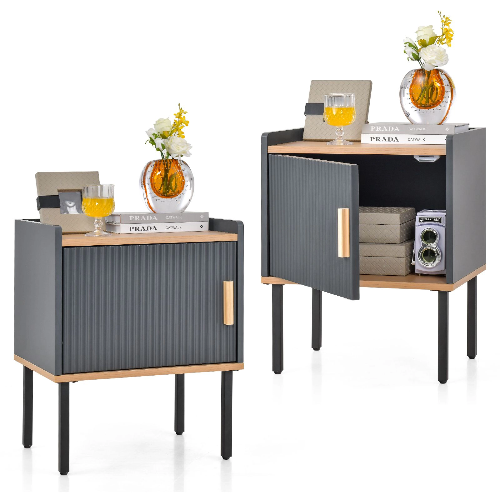 SlickBlue Gray Bedside Table with Storage Cabinet and Wood Handle