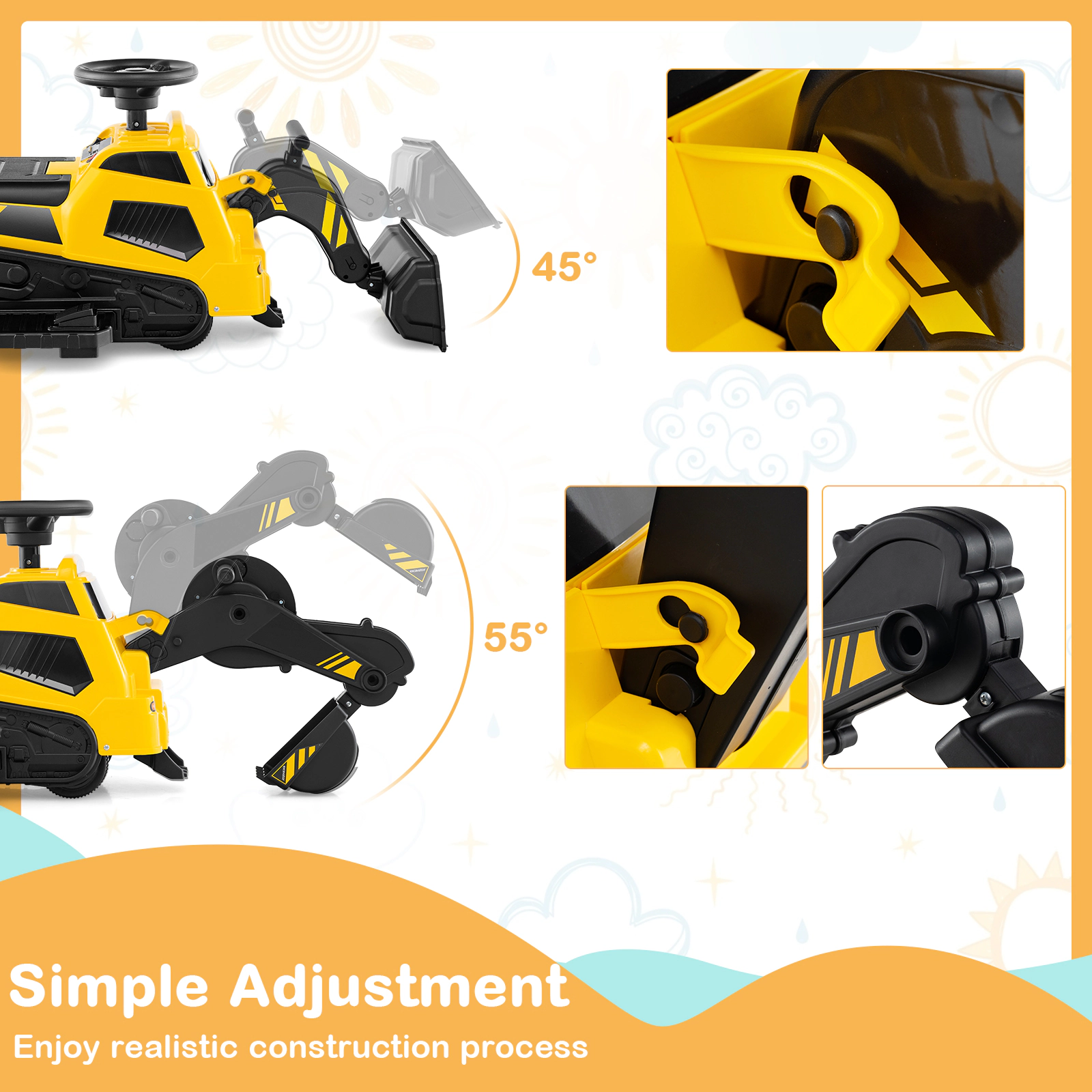 SUGIFT Yellow Music Kids 6V 3 in 1 Ride On Construction Tractor Excavator Roller Bulldozer