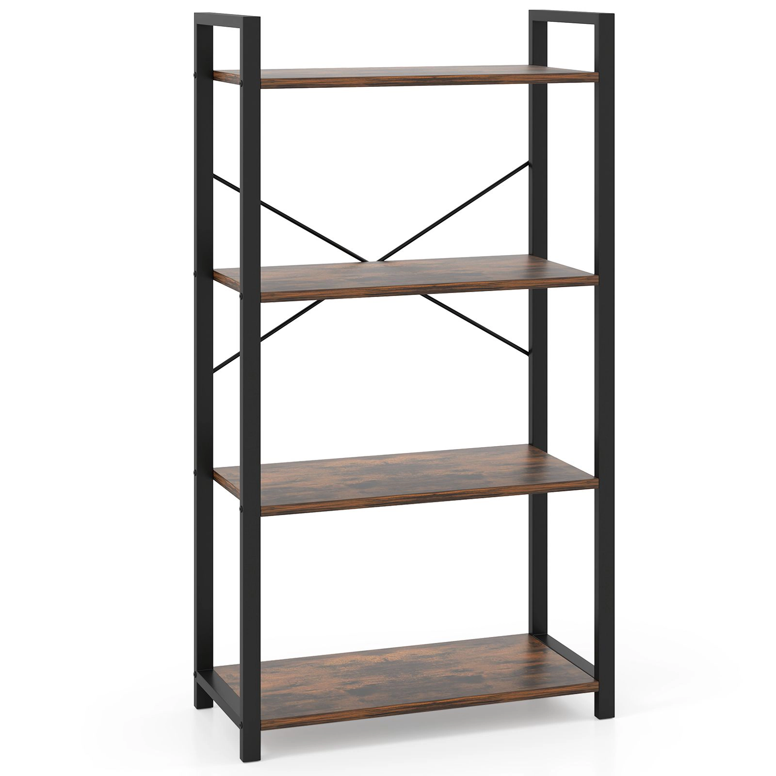 SlickBlue 4 Tier Bookshelf with Metal Frame and Rustic Wood Shelves