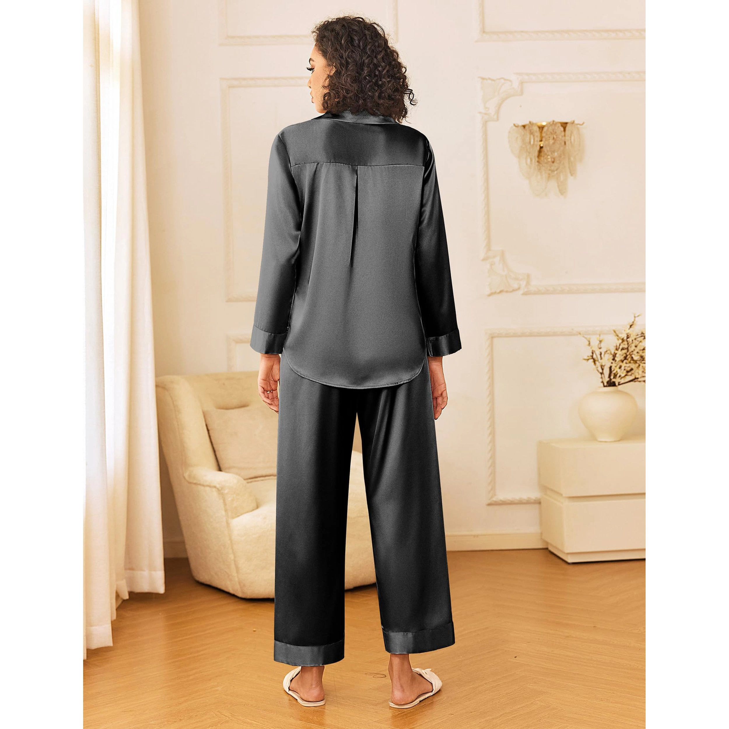 Ekouaer Womens Silk Satin Pajama Sets Two Piece Pajamas Set Long Sleeve Top and Pants Stripe