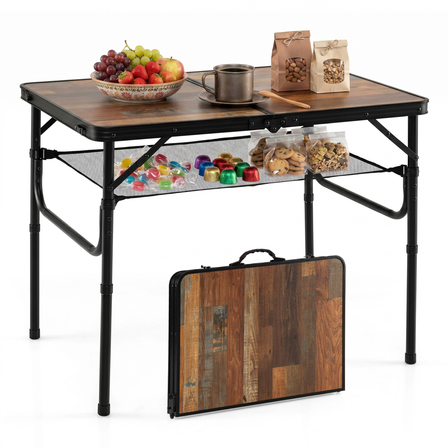 LJG Folding Camping Table with Adjustable Heights Storage Net & Handle
