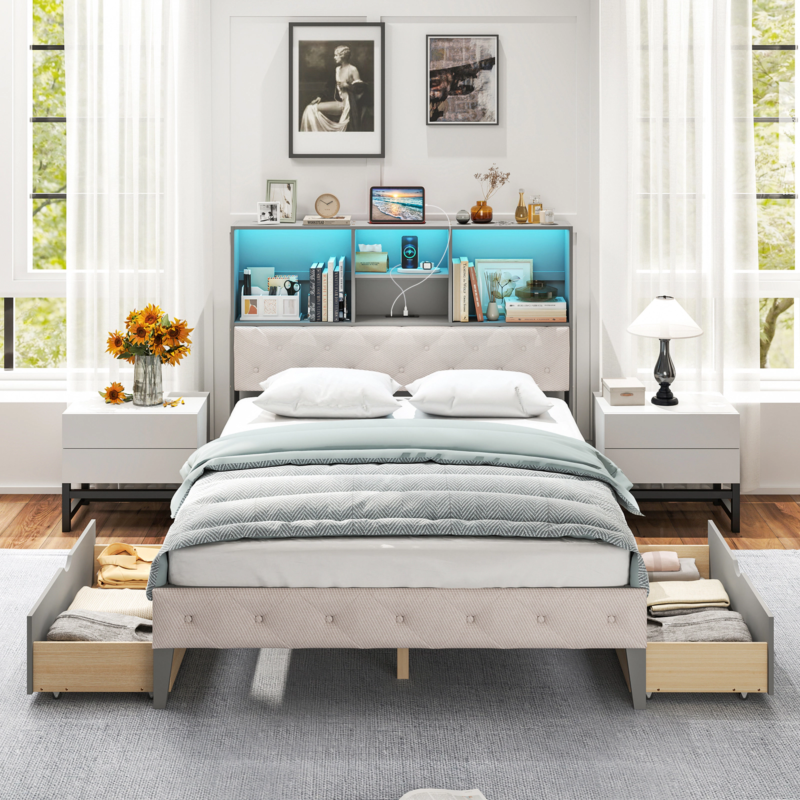 SUGIFT Full Bed Frame with LED Bookcase Headboard, Charging Station, 4 Cubes and 2 Drawers