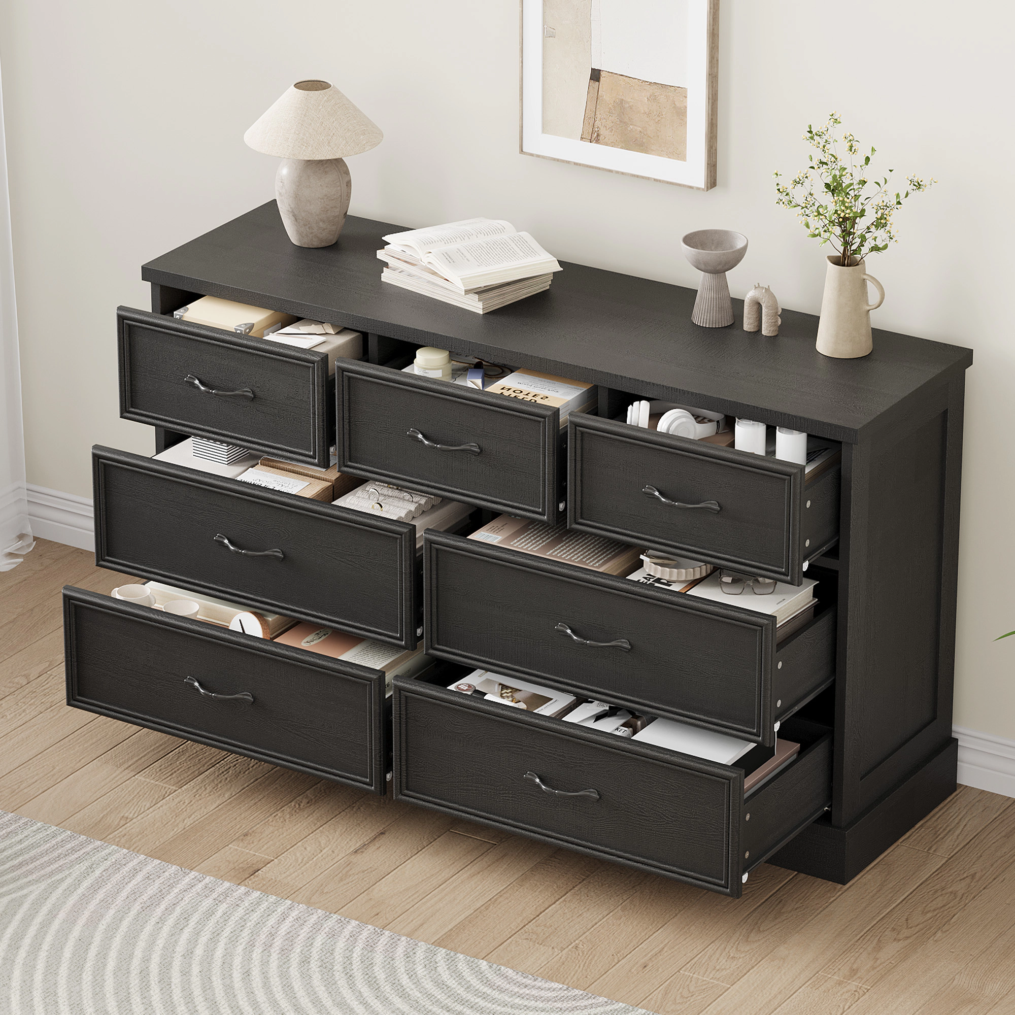 7 Drawer Wooden Dresser, 55" Wide Chest with Large Storage for Bedroom or Living Room