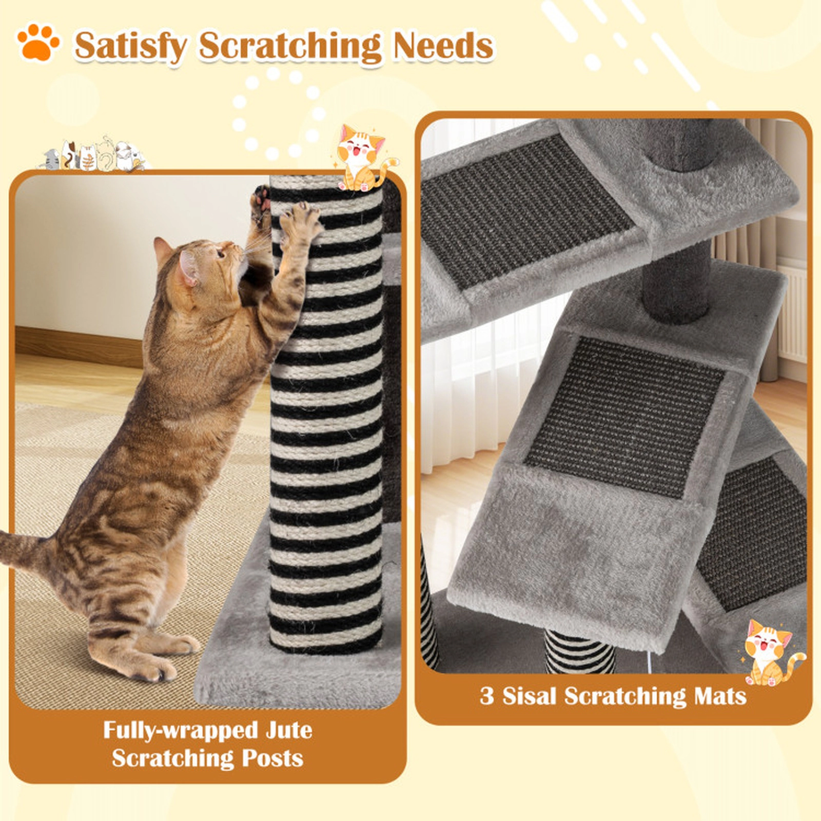 SUGIFT 37-in Gray Kitten Cat Tree Tower with Sisal and Jute Posts 3 Platforms and Padded Top Perch