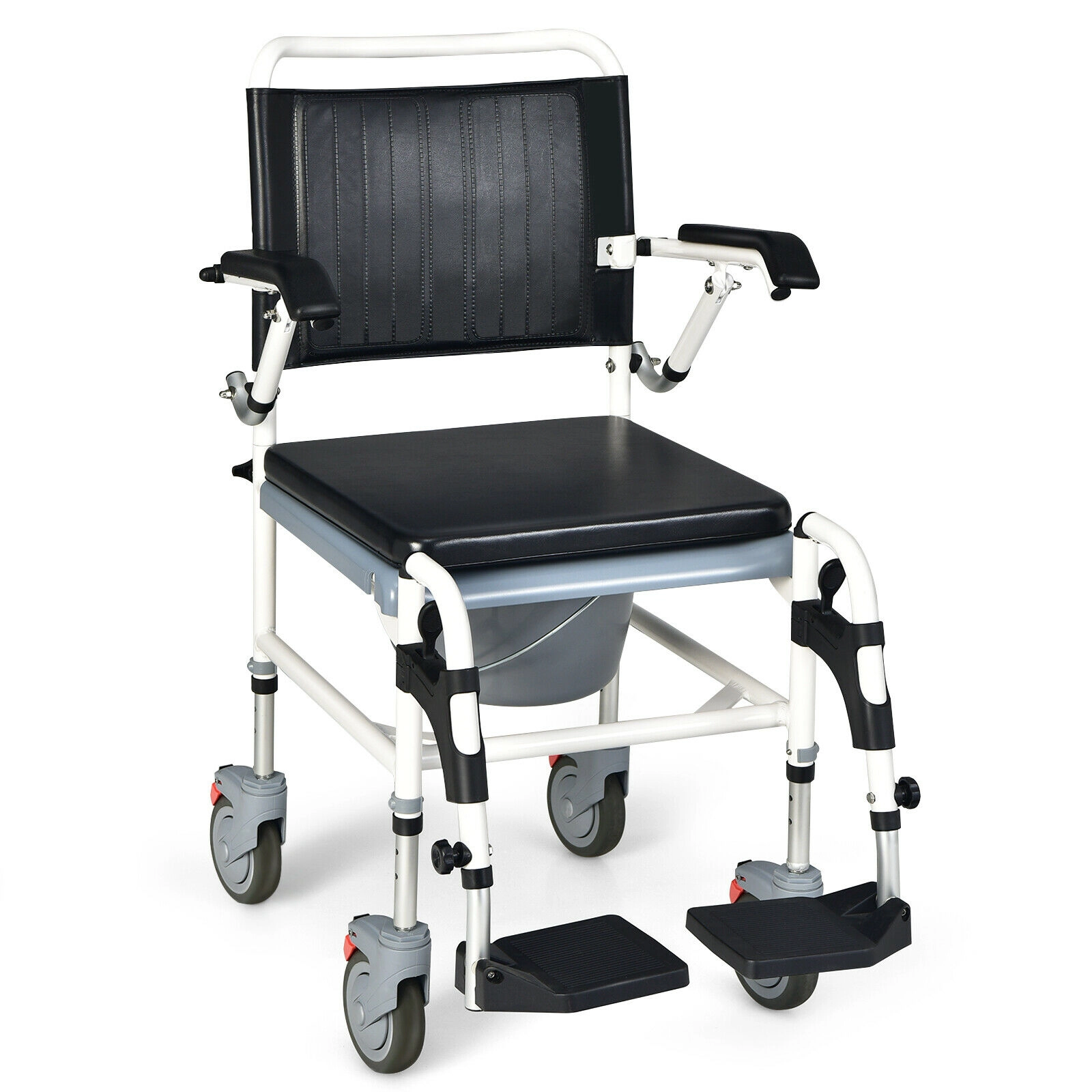 SUGIFT 300-lb Capacity 4-in-1 Bedside Commode Wheelchair with Detachable Bucket Lid and Locking Wheels
