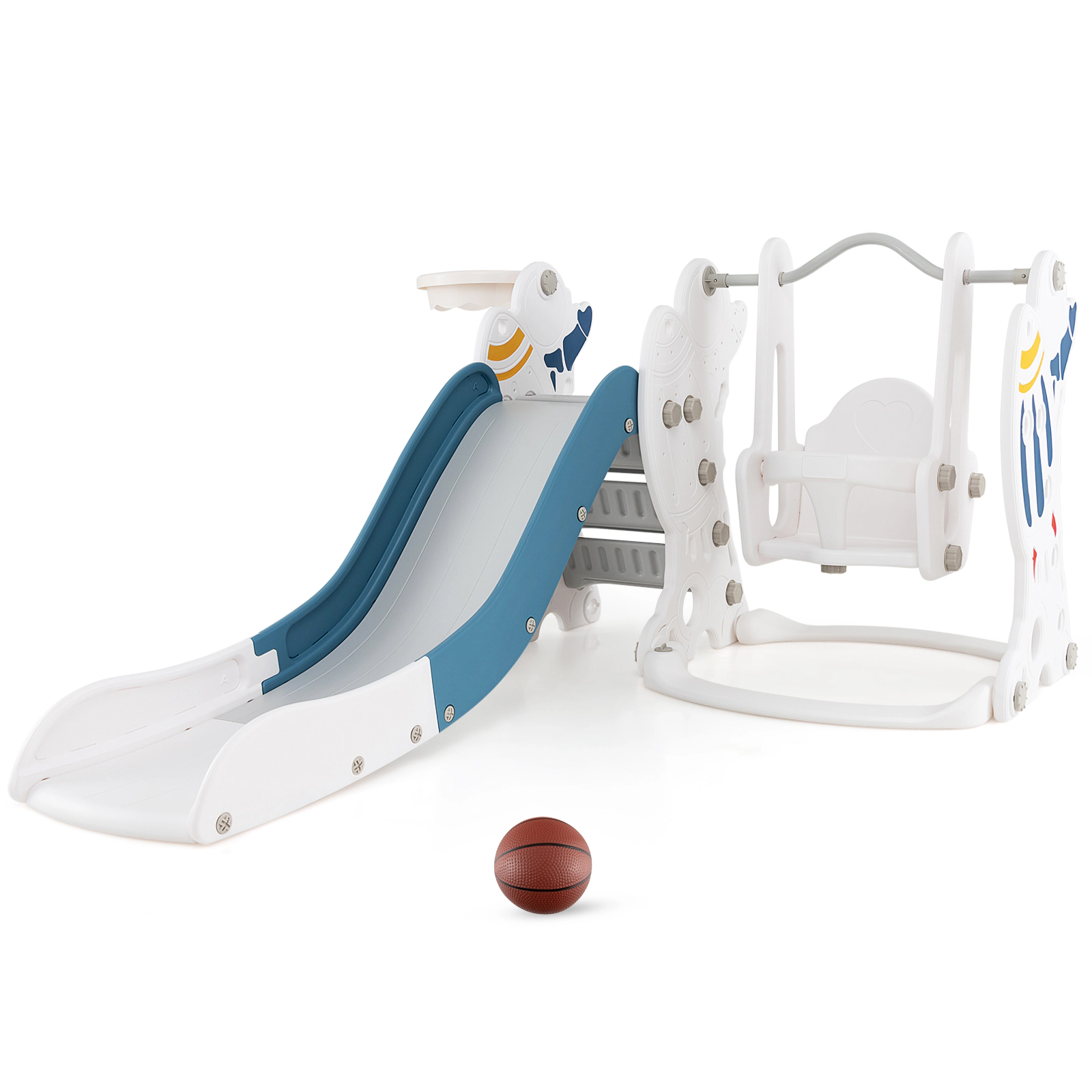 SUGIFT Toddler Blue 4-in-1 Slide and Swing Set with Basketball Hoop 73-in W 36-in H 66-lb Child Capacity