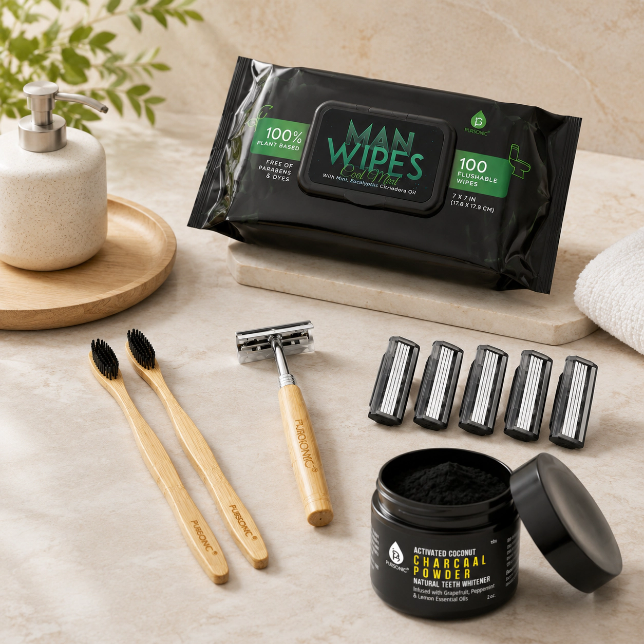 Pursonic Men's Grooming Essentials Bundle Eco-Friendly Razor, Flushable Man Wipes and Activated Coconut Charcoal Powder