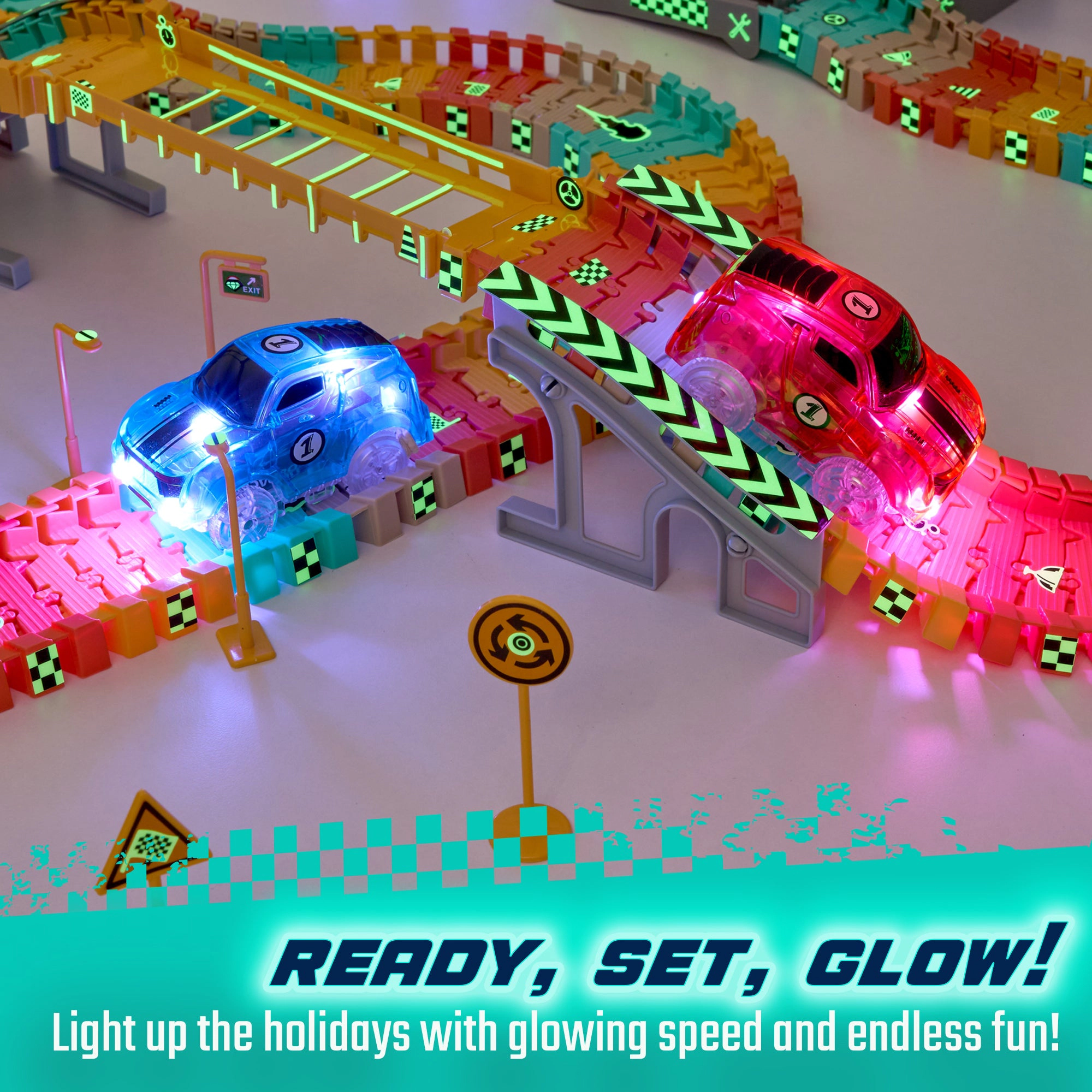 JitteryGit Kids Light-Up Racer Cars - 2-Pack Replacement Cars for Glow Flex Tracks, Red & Turquoise