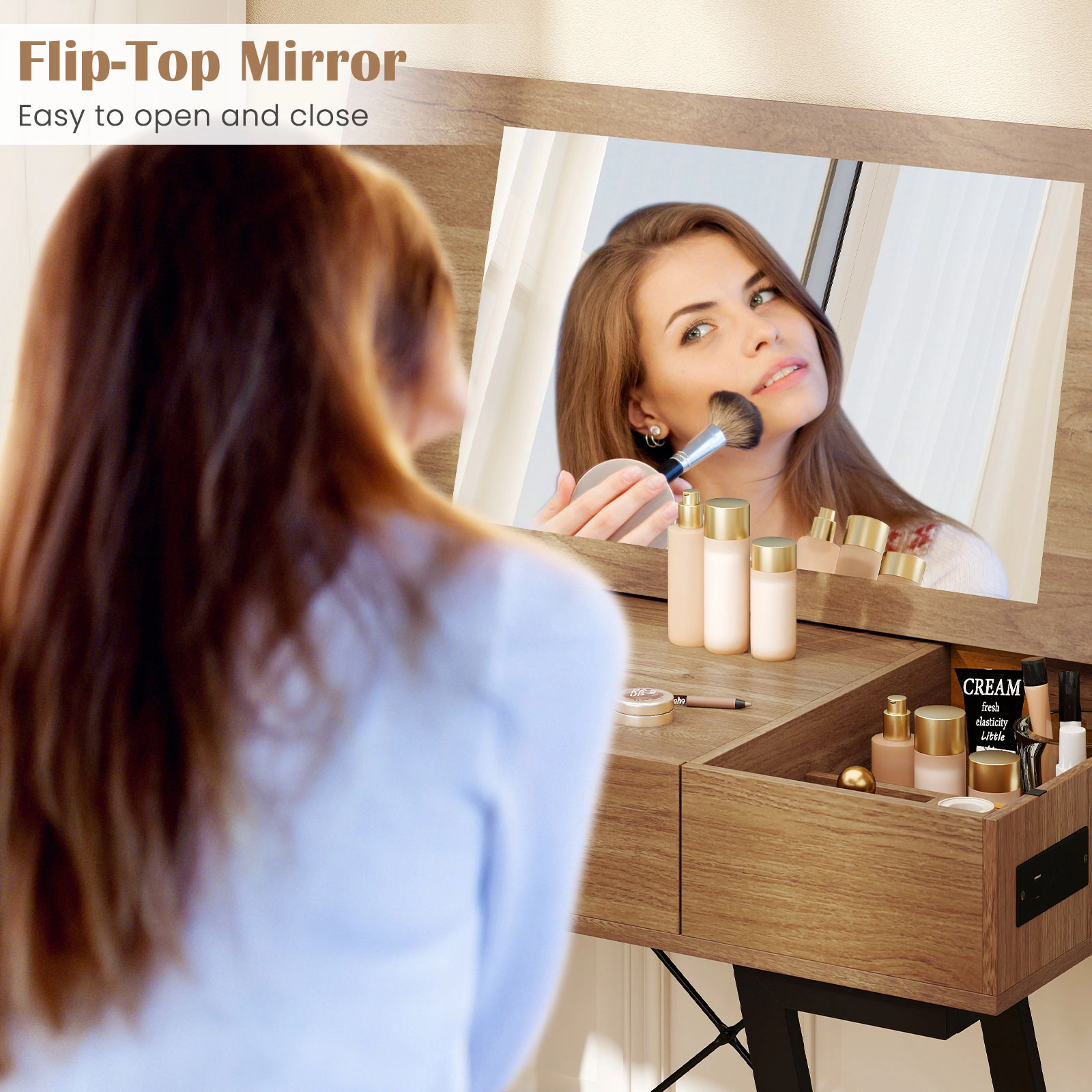 LJG Vanity Desk with Flip Top Mirror Makeup Dressing Table