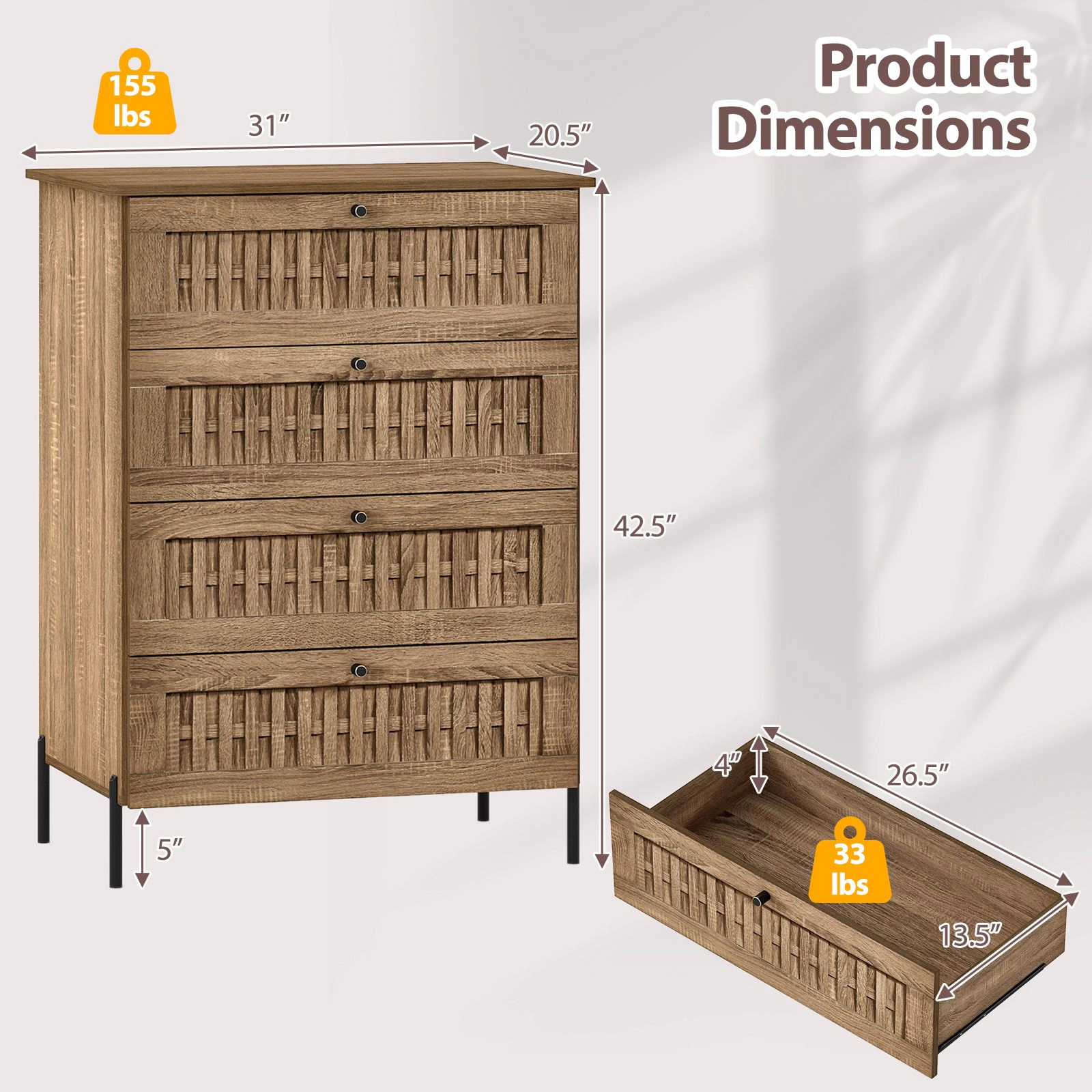 SlickBlue 4-Drawer Bedroom Dresser with Rattan Texture & Metal Legs
