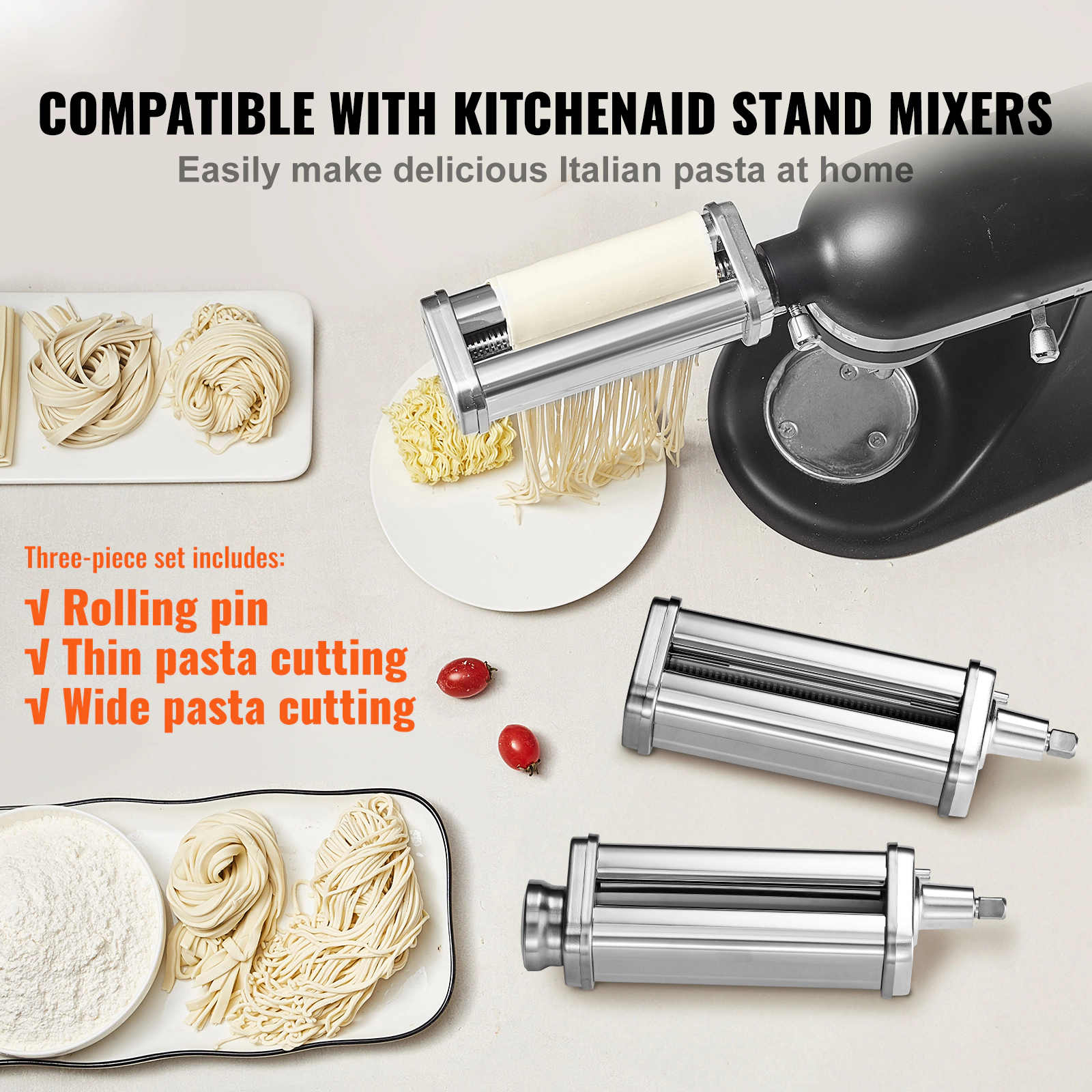 HONGGE Pasta Attachment for KitchenAid Stand Mixer Stainless Steel Roller Cutter Set Including Sheet