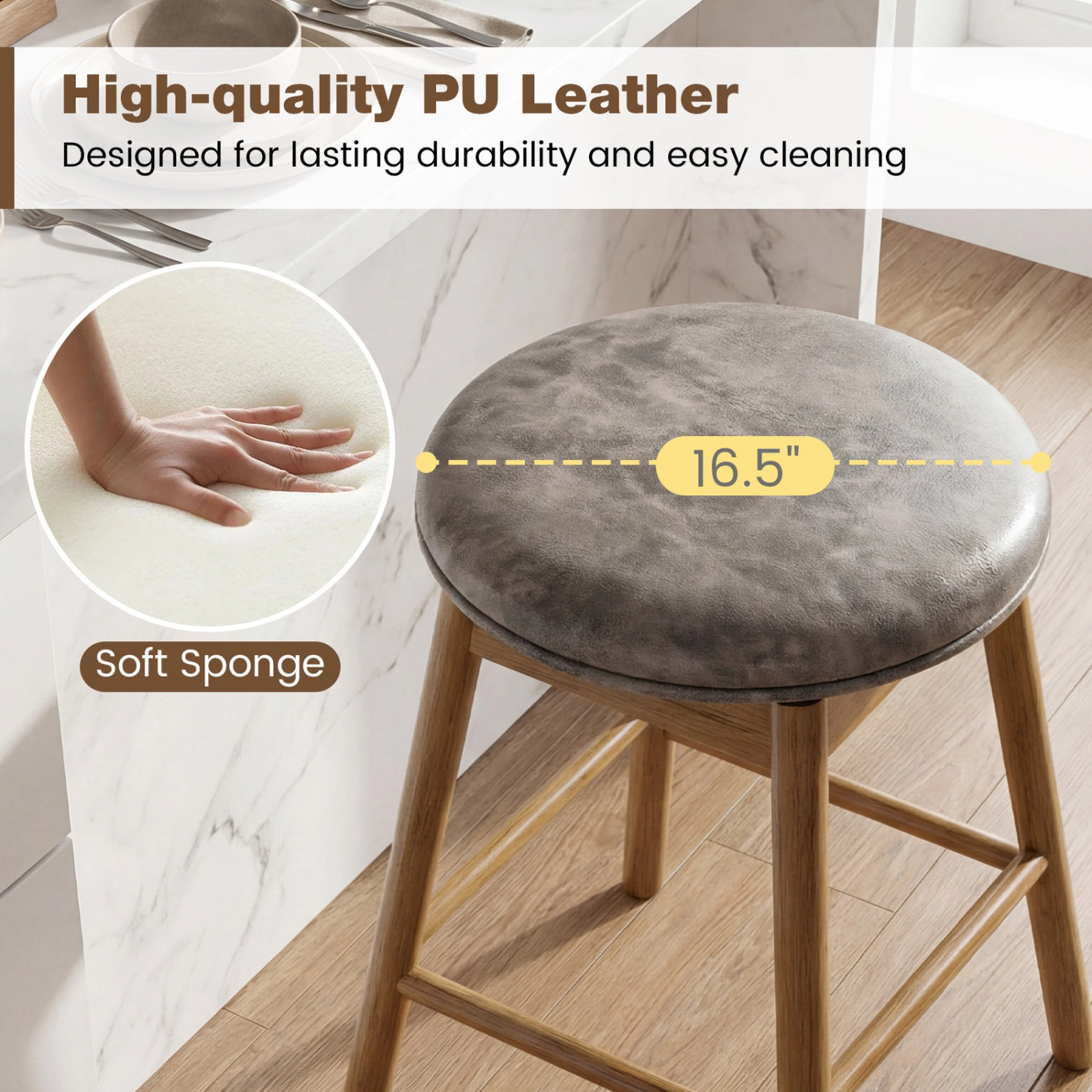 SUGIFT 360° Swivel Counter Height Bar Stools with Footrests 290-Lb Capacity 25-in Seat Height Natural and Gray Set of 2