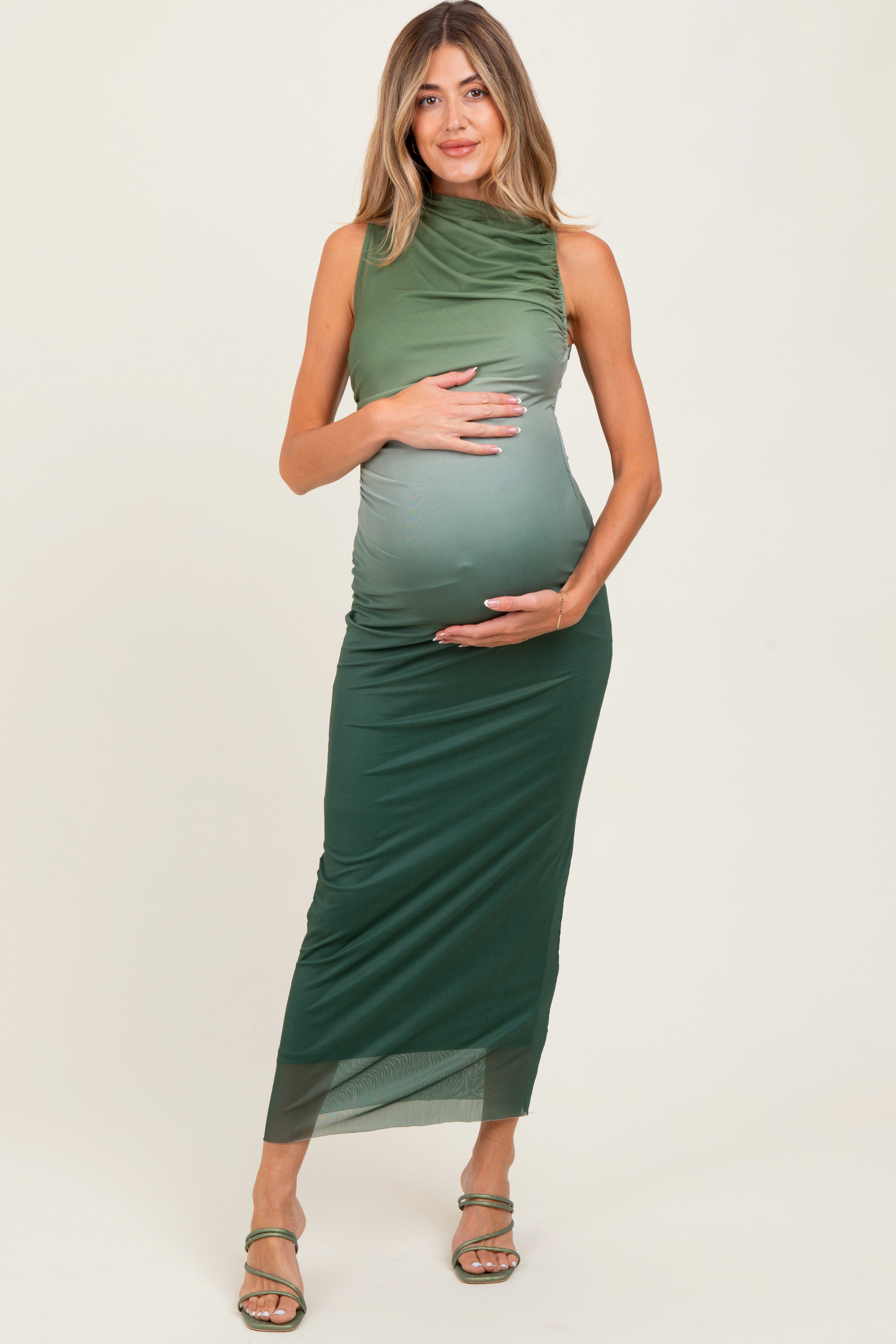 PinkBlush Womens Forest Green Ombre Mesh Ruched Sleeveless Maternity Midi Dress
