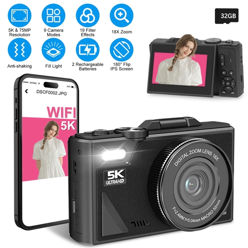 GBruno 5K 75MP Anti-Shake Digital Camera With WiFi