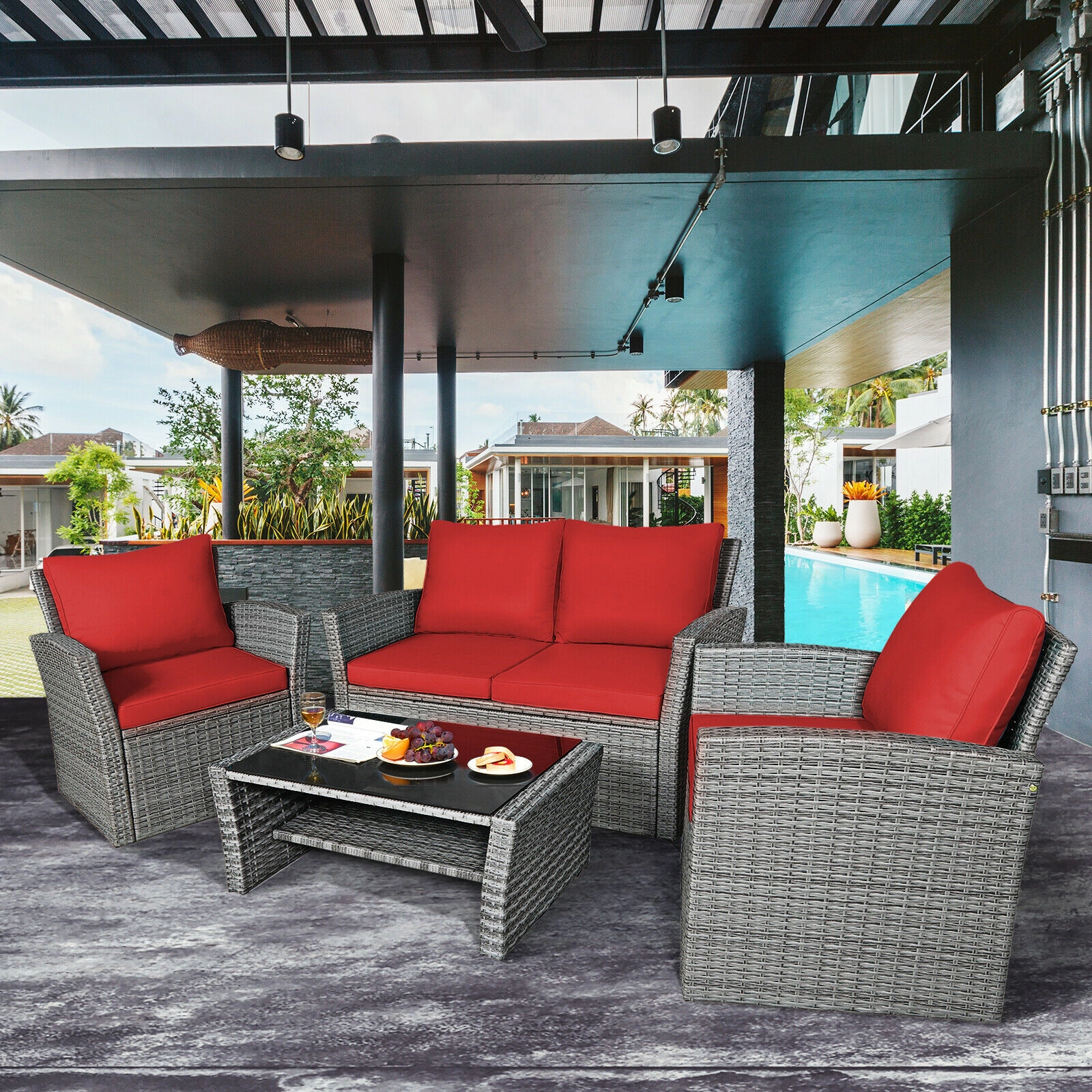 SUGIFT 4-Piece 800-lb Capacity Red Cushioned Rattan Outdoor Patio Sofa Set with Loveseat and Storage Table
