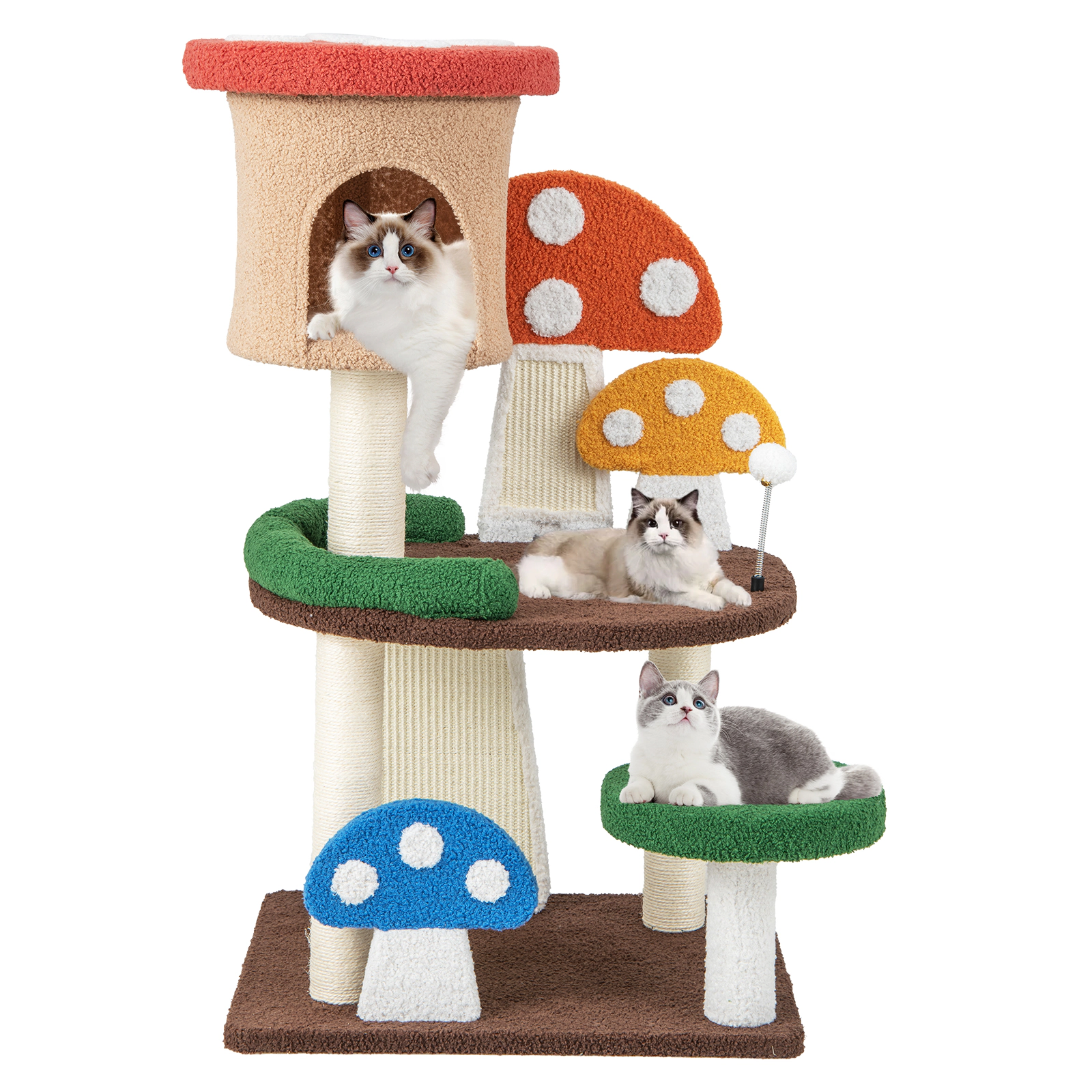 SUGIFT 4-in-1 Mushroom Cat Tree with Condo, Spring Ball and Sisal Posts 40.5-in Tall 22-lb Capacity Multicolor