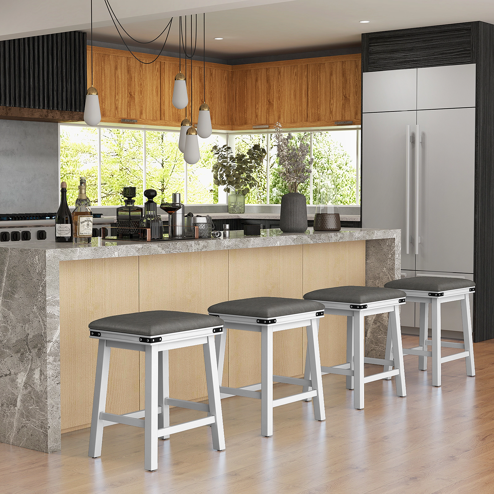 SUGIFT Acacia Wood Frame and Padded PU Leather Seat Set of 2 White Bar Stools