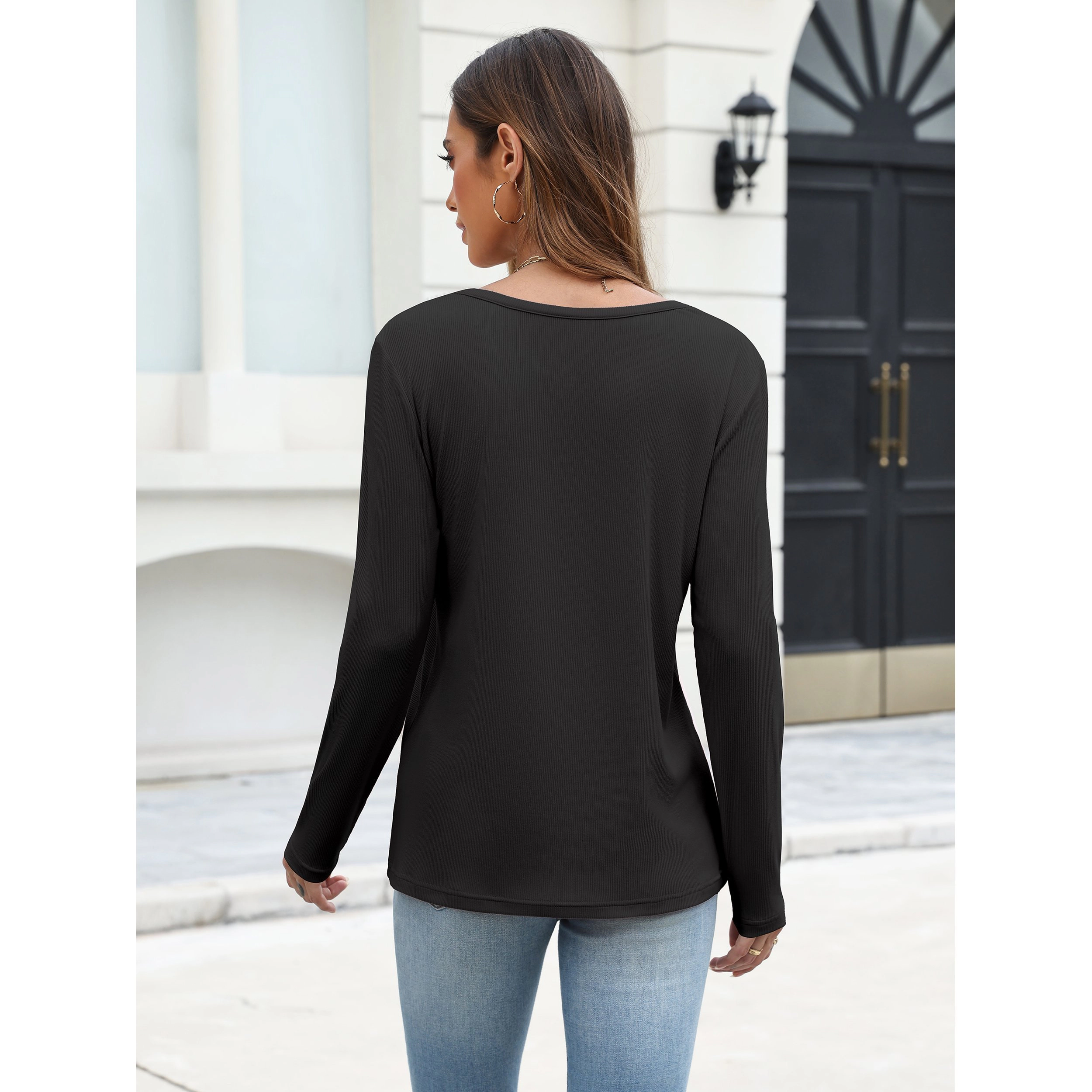 Zeagoo Women's Crew Neck Shoulder Button Chest Pocket Long Sleeve T-shirt