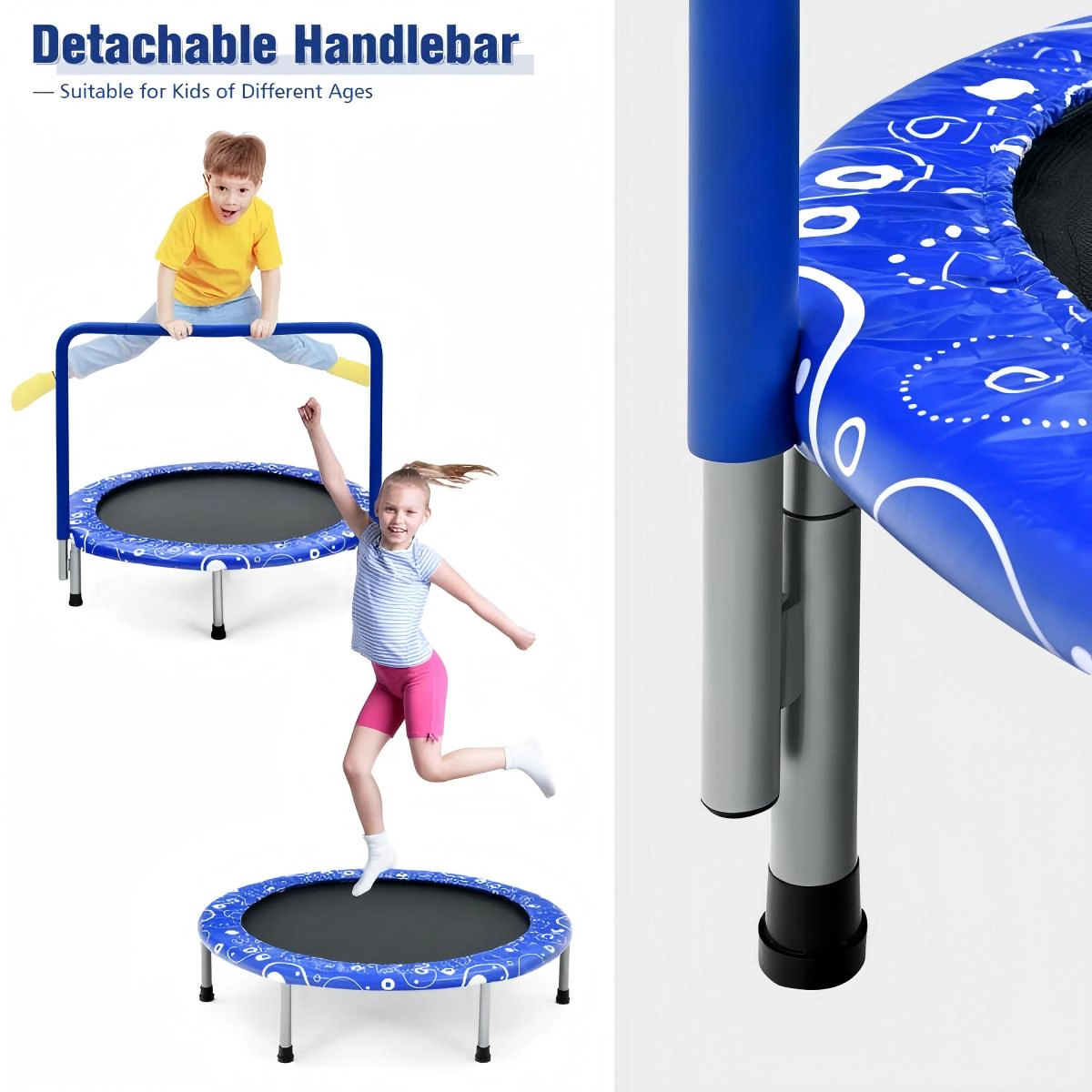 SUGIFT 36-in Kids Mini Trampoline Rebounder Full Covered Handrail 330-lb Capacity Ages 3-10 Foldable 36 x 32 in Blue
