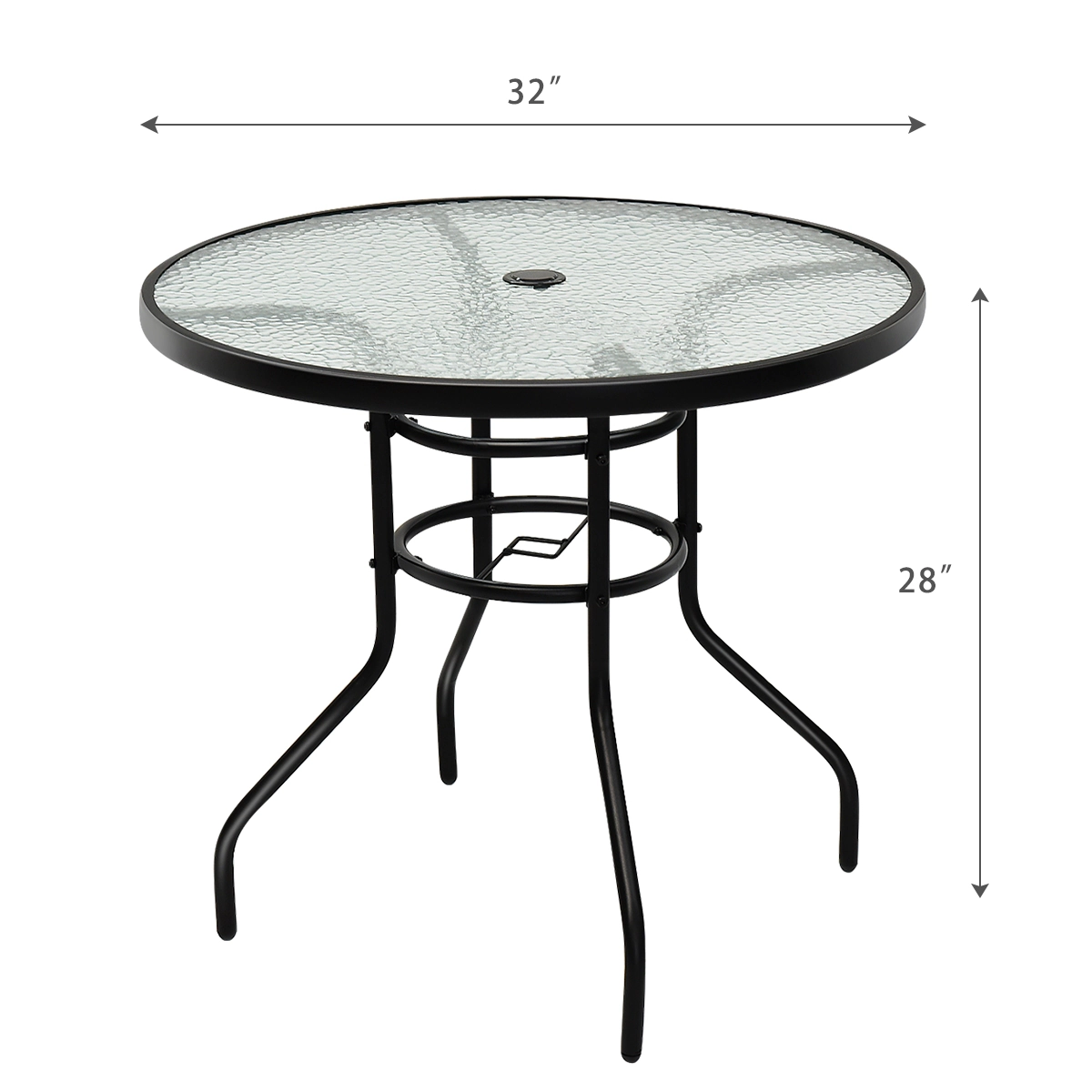 SUGIFT 32-Inch Round Outdoor Patio Dining Table, Tempered Glass Top, Umbrella Hole, Black Steel Frame