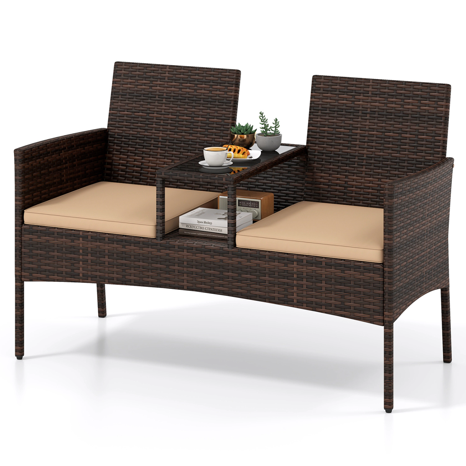 LJG Patio Loveseat Wicker 2-Seat Conversation Set with Built-in Coffee Table