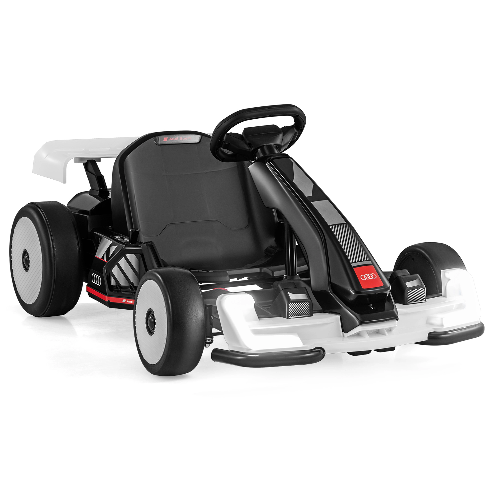 SUGIFT 24V Adjustable Kids Go Kart Ride-On Racing Toy with Drift and Sport Modes 110-lb Capacity Ages 6+ Black & White