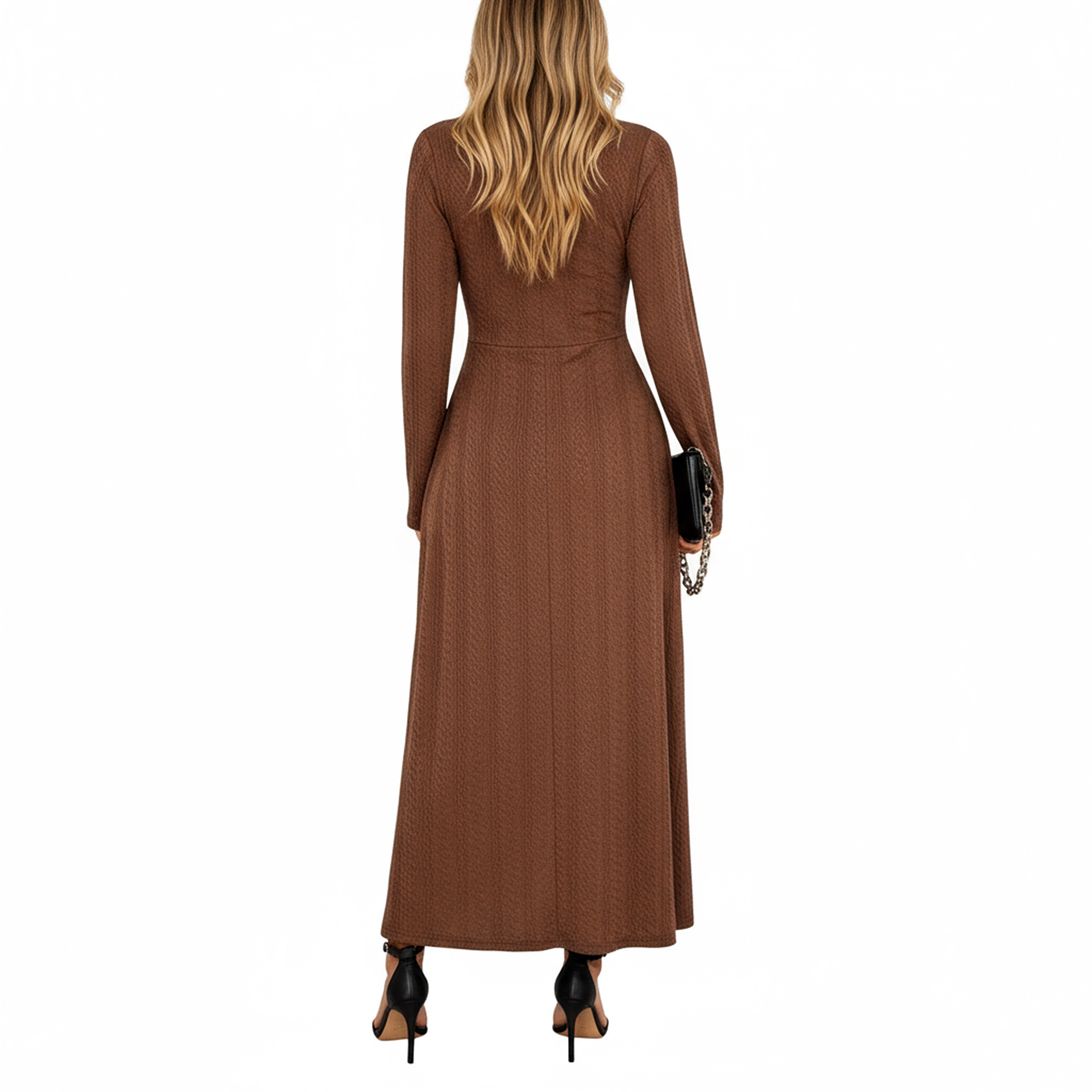 Anna-Kaci Women's Long Sleeve Button Front Deep V-Neck Side Slit Maxi Dress