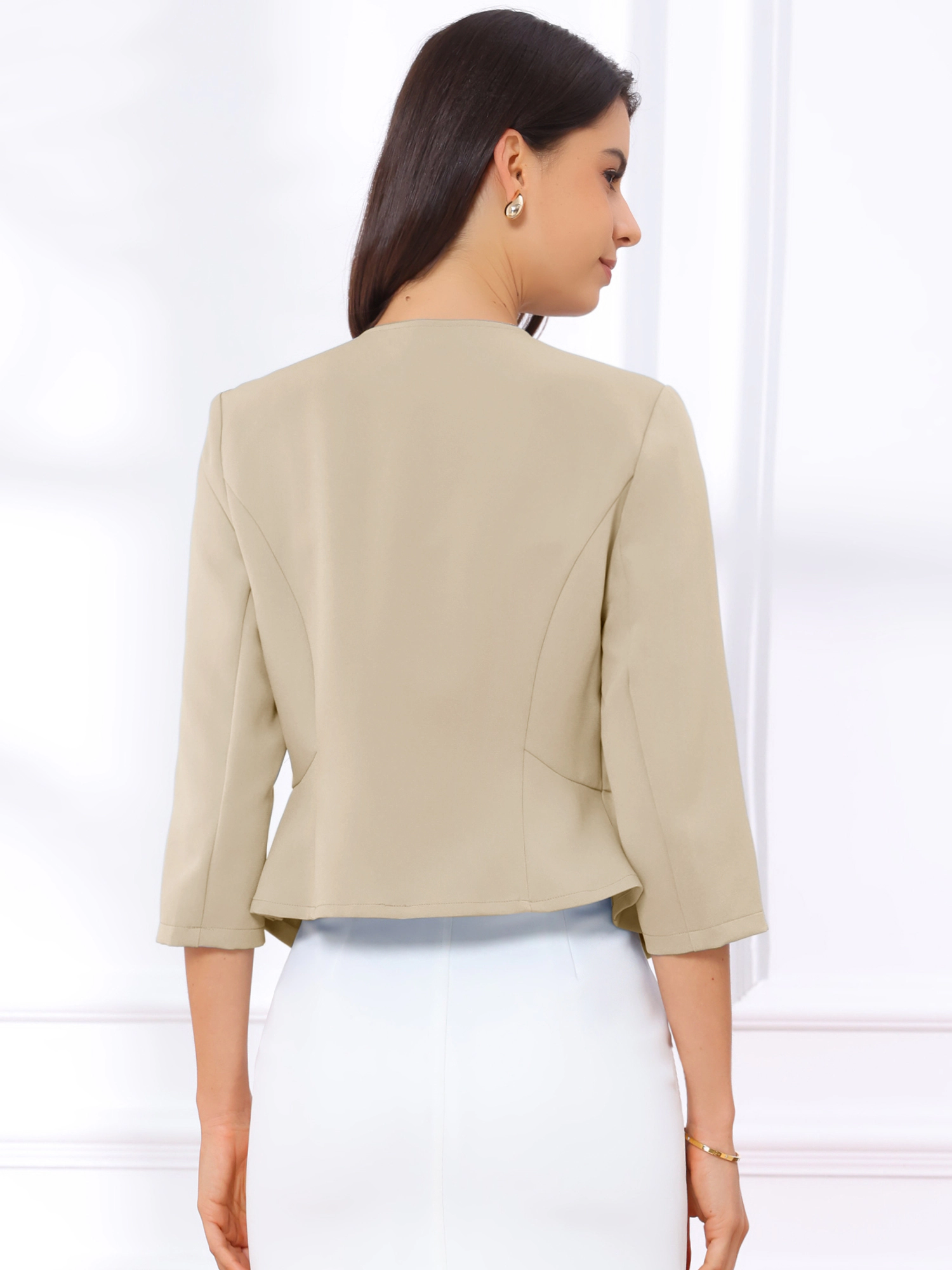 INSPIRE CHIC Women's Open Front Collarless 3/4 Sleeve Peplum Business Work Suit Blazer