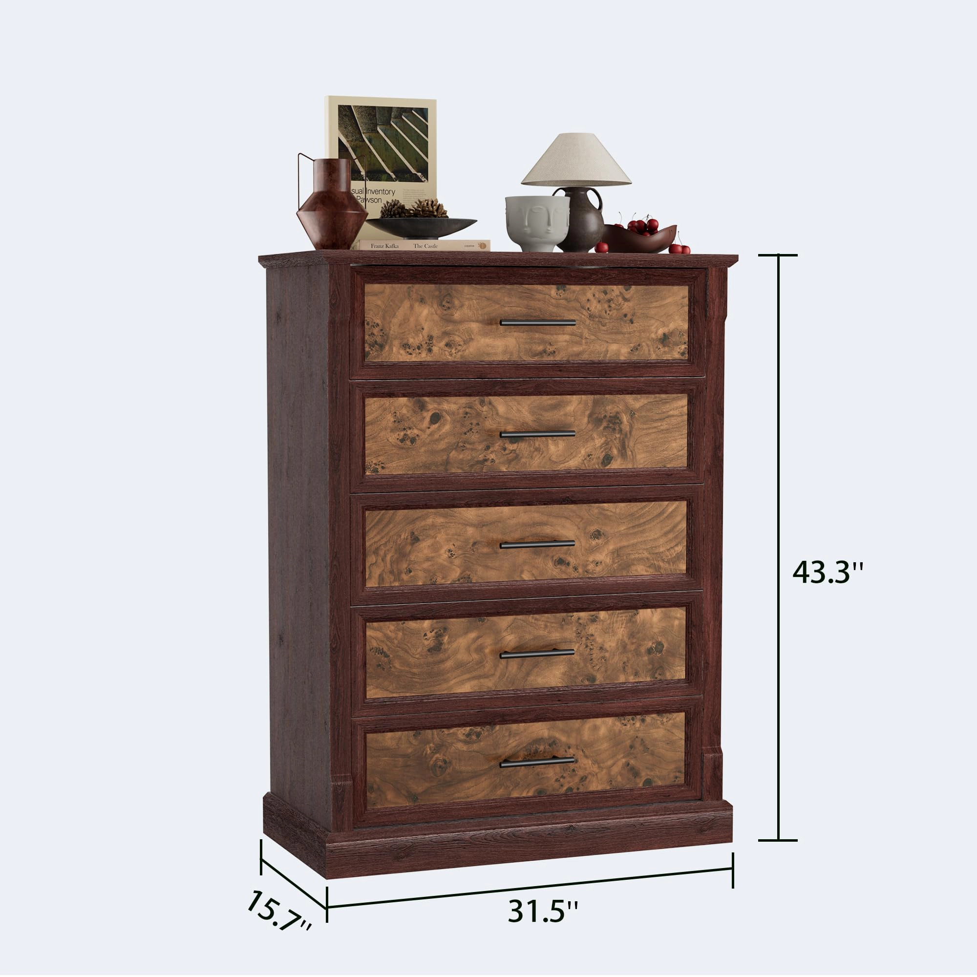 Farmhouse 5 Drawer Tall Dresser with Metal Handles, Rustic Wooden Chest for Bedroom Living Room Hallway