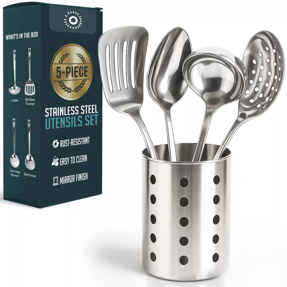 Luminuxe Stainless Steel Kitchen Utensil Set w/ Holder, 5pc Heat Resistant Kitchen Tools w Ladle Skimmer & Serving Spoon