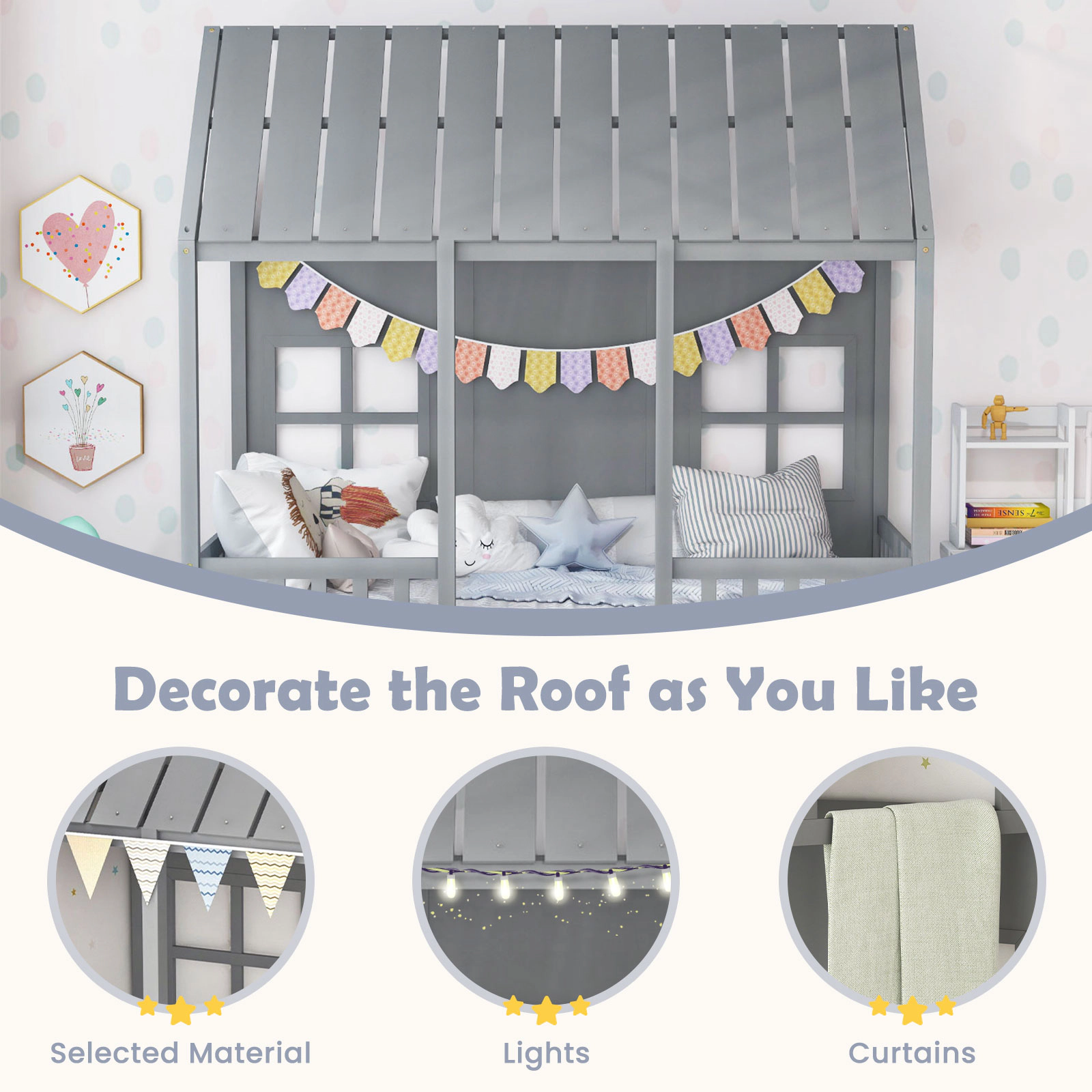 SUGIFT Gray Trundle 82-in Roof and Window Cutouts Twin Kids House Bed Frame