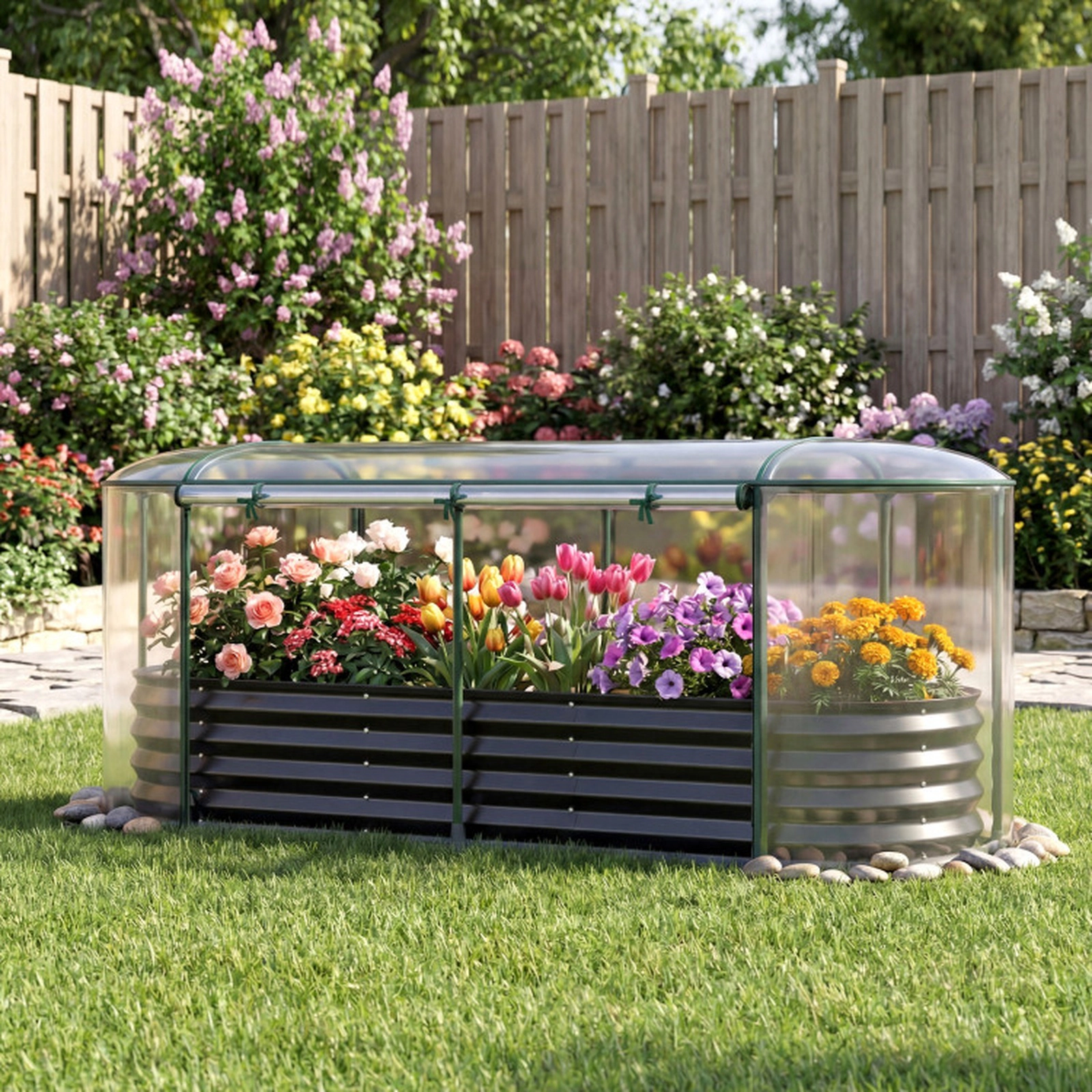 SUGIFT Raised Garden Bed with PVC Greenhouse Cover Outdoor Planter 86-Gal Volume Black/Silver+Transparent