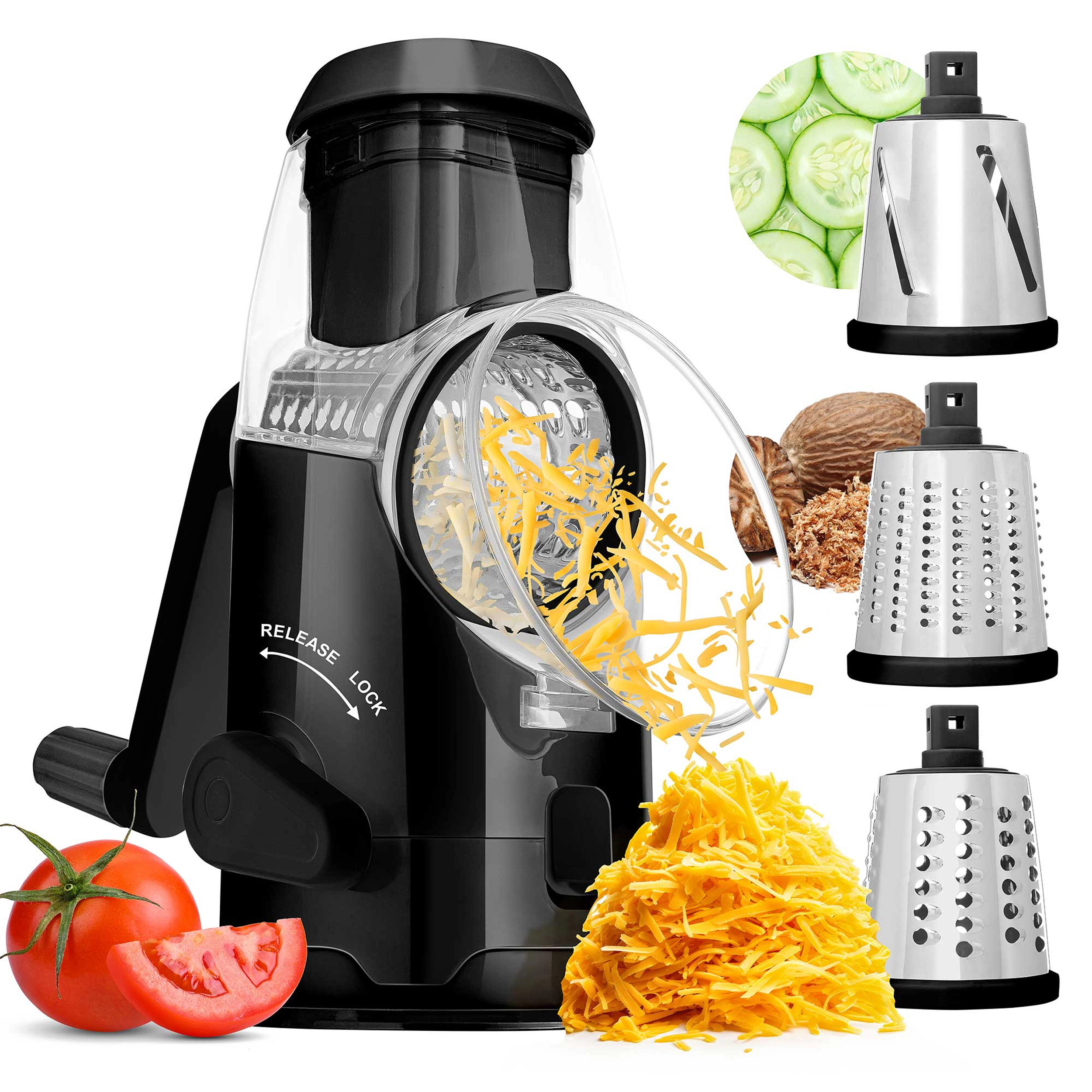 Brentwood Rotary Cheese Grater Slicer in Black with 3 Drum Blades