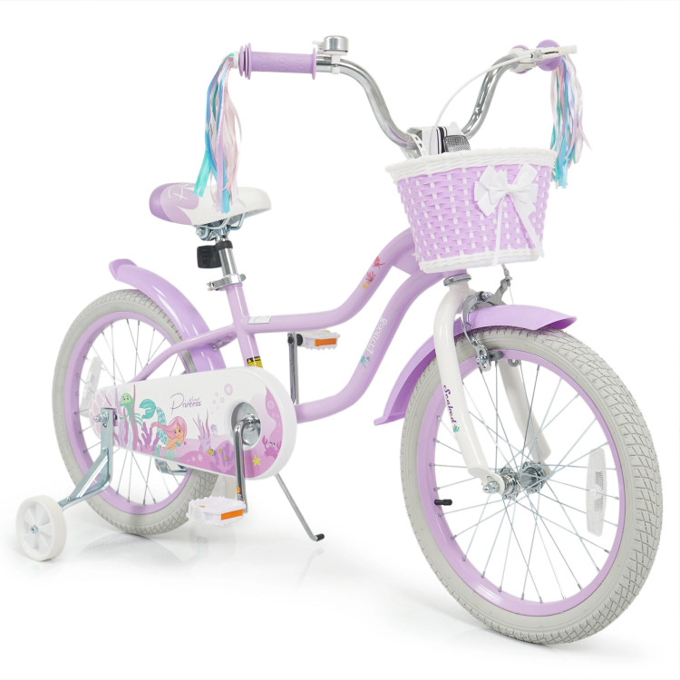 Hivvago Kids Bike Adjustable with Basket and Streamers Purple - Princess of the Sea Theme