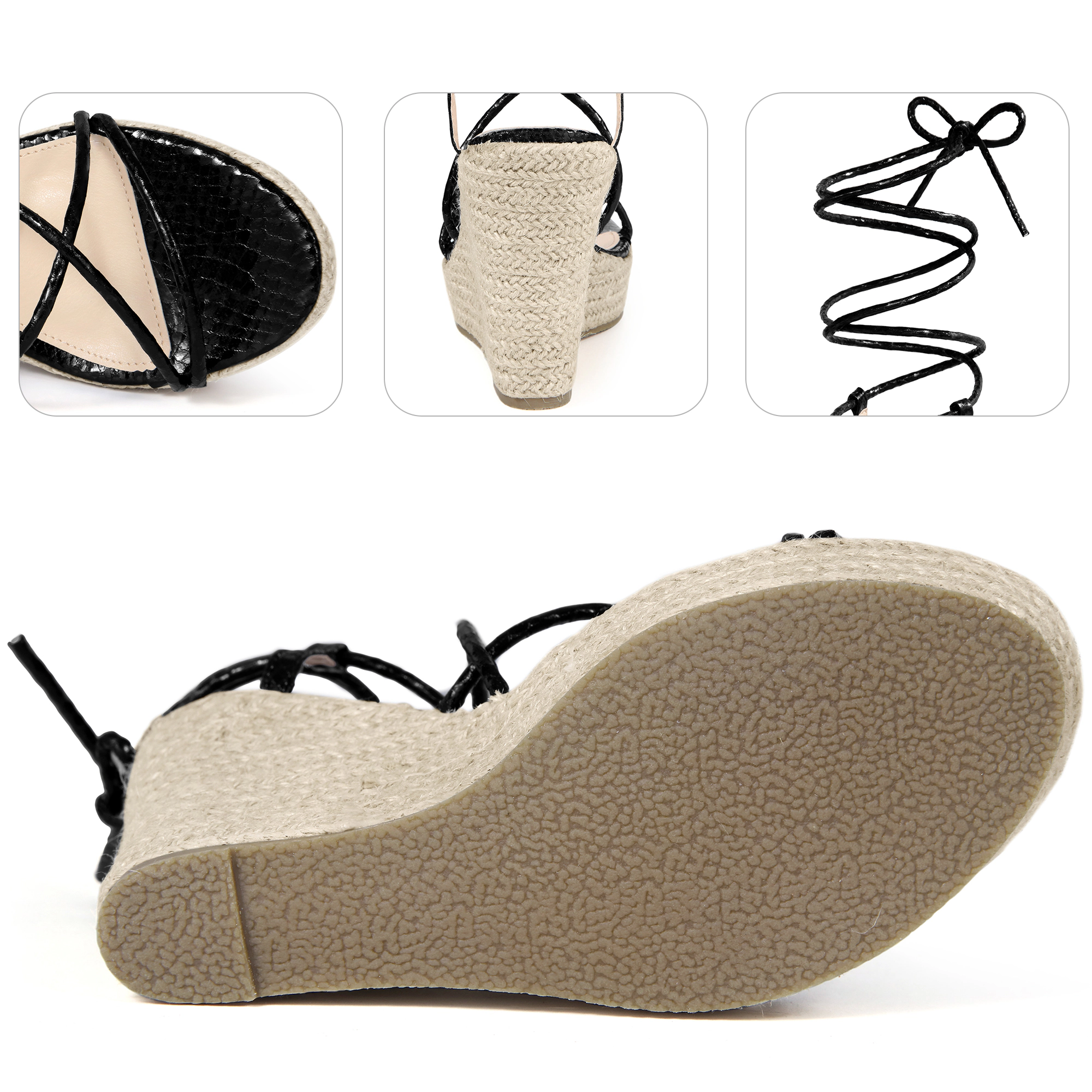 BLISSFUL STEP Women's Strappy Lace Up Snake Print Espadrilles Wedges Sandals