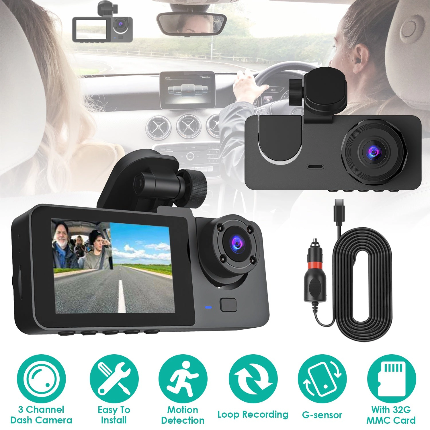 GBruno 3-Channel Dash Cam With 32GB Card