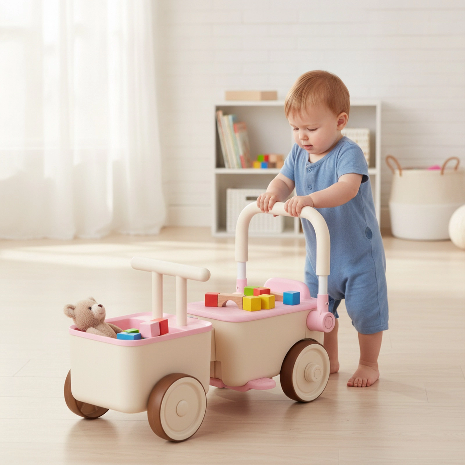 3-in-1 Kids Ride On Push Car Foldable Push Handle Tow Rope Storage Basket Toddler Push Walker Ages 3-6 Pink