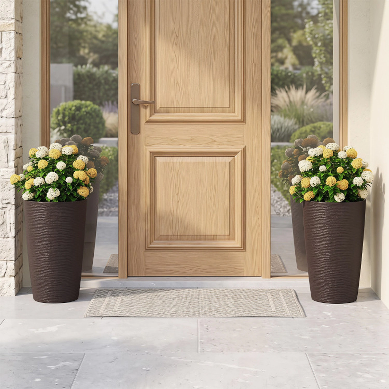 SUGIFT 21-in Tall Round Plastic Planters with Optional Drainage System Brown Set of 2