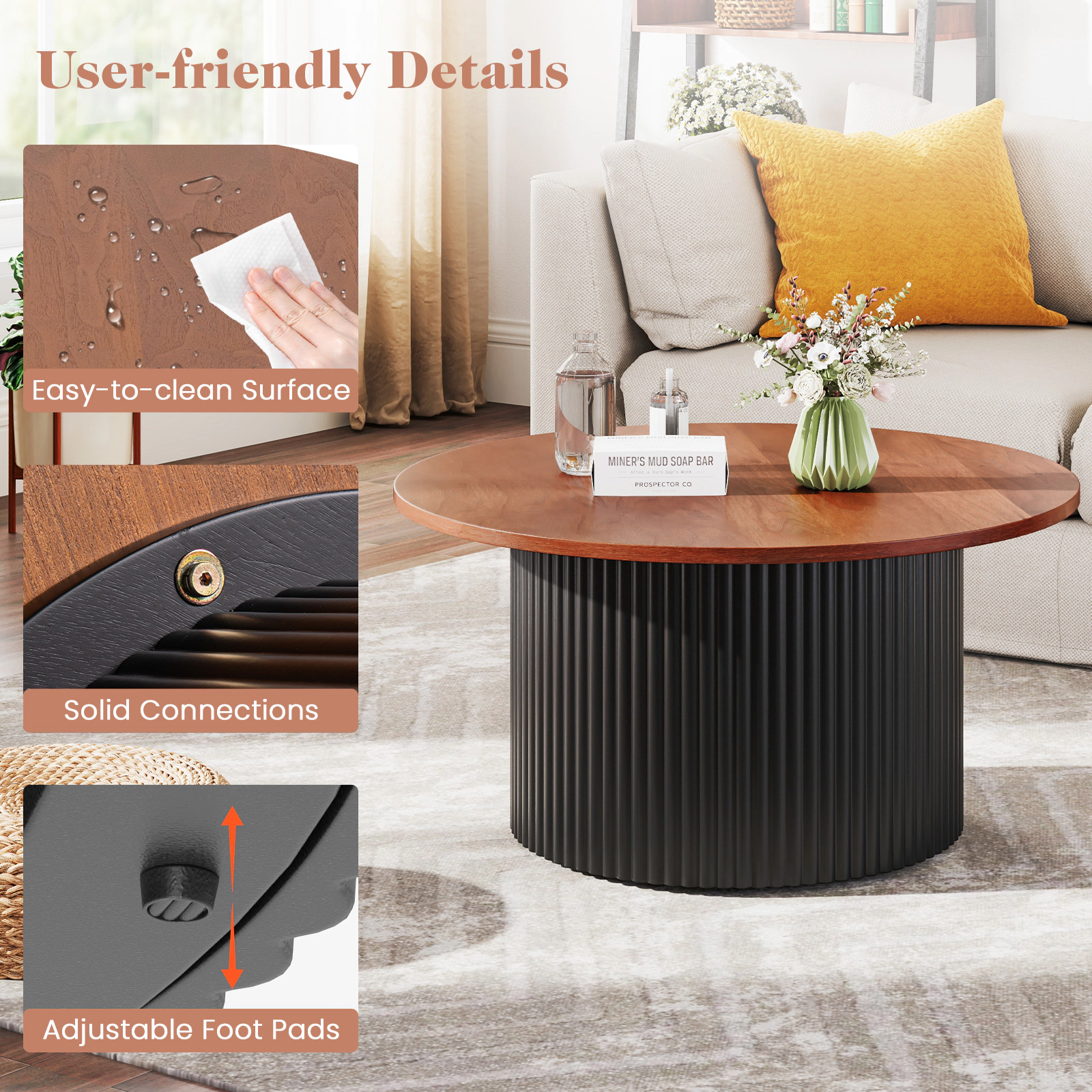 Glintex 32-Inch Round Coffee Table with Wave-Shaped Solid Wood Support, Natural + Black