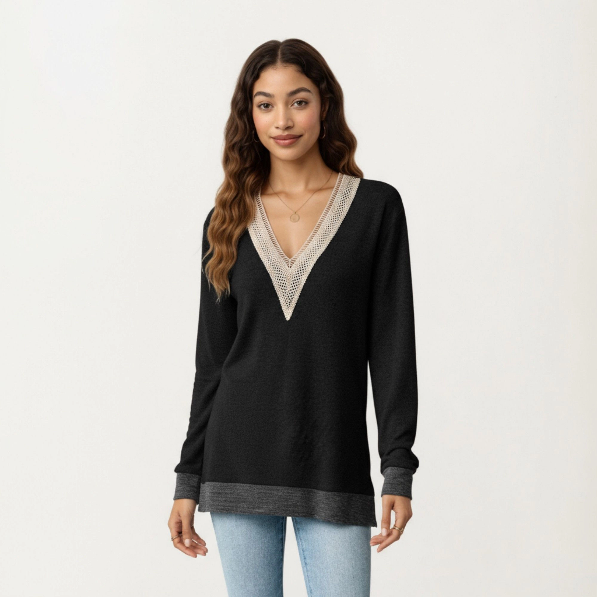 Anna-Kaci Women's Contrast Crochet Trim V-Neck Relaxed Hem Long Sleeve Top