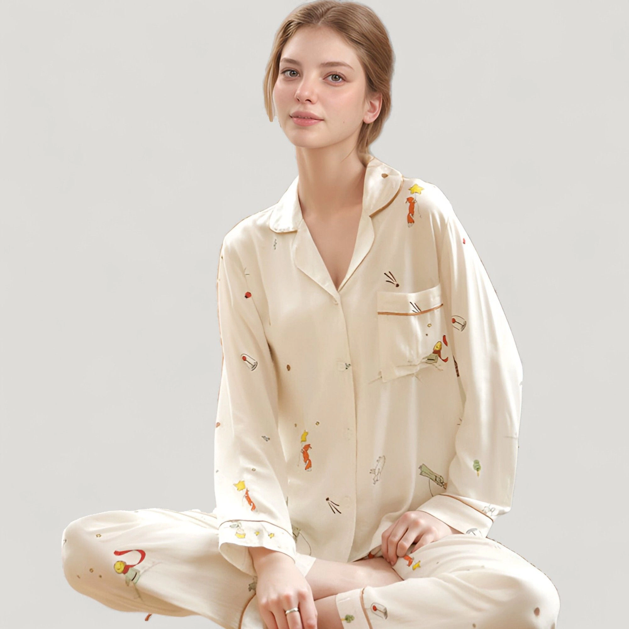 Anna-Kaci Women's Button Down Two-Piece Pajama Set with Allover Whimsical Print and Chest Pocket