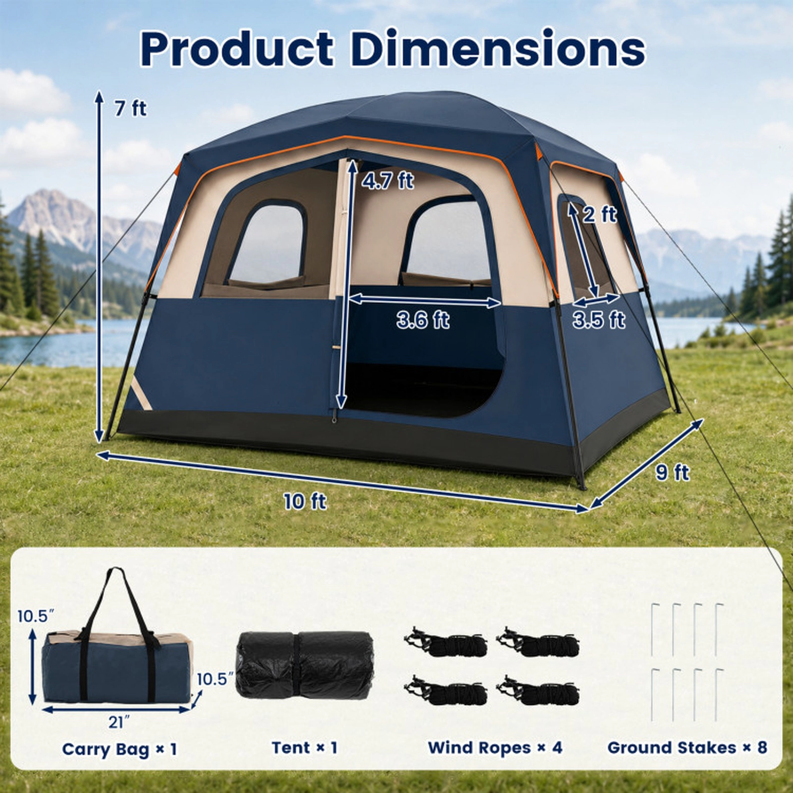 SUGIFT Blue 10-ft x 9-ft 6-Person Cabin Camping Tent with Top Rainfly Mesh Windows and Carrying Bag