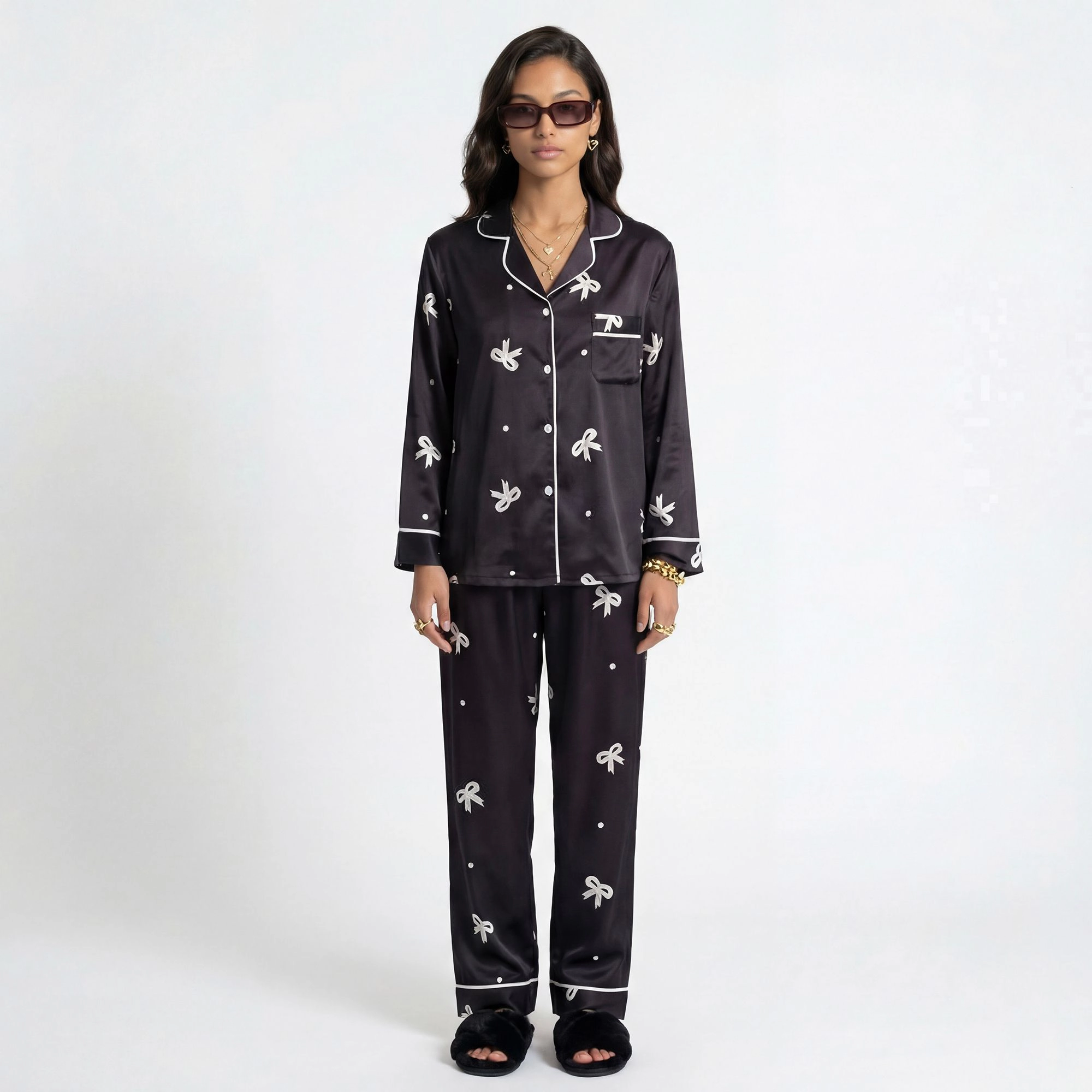 Anna-Kaci Women's Printed Satin Pajama Set with Button Up Long Sleeve Top and Piping Detail