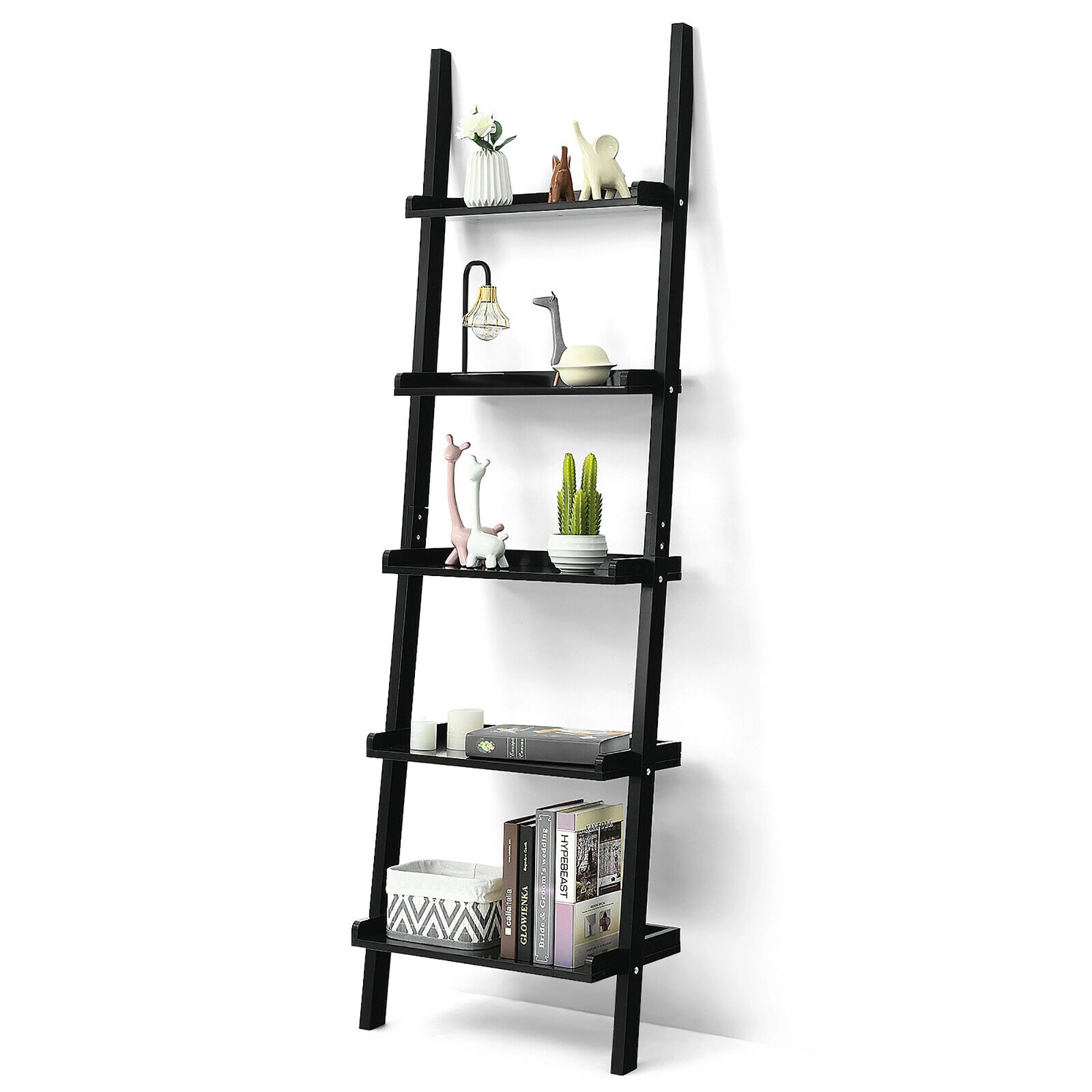 Costway Versatile White 5-Tier Bookshelf Leaning Wall Shelf Ladder  Bookcase