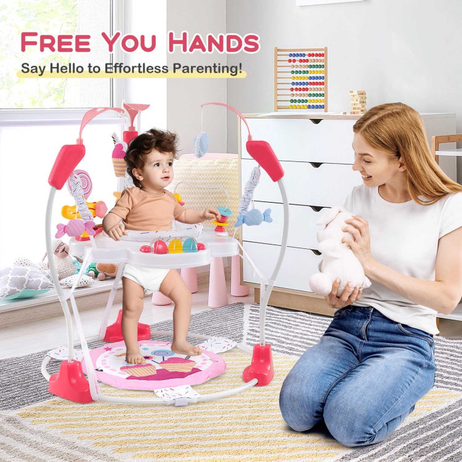 SUGIFT Baby Pink Bouncing Saucer Activity Center with Music Tray and 10 Toys 34.5-in Dia 26-lb Seat Capacity
